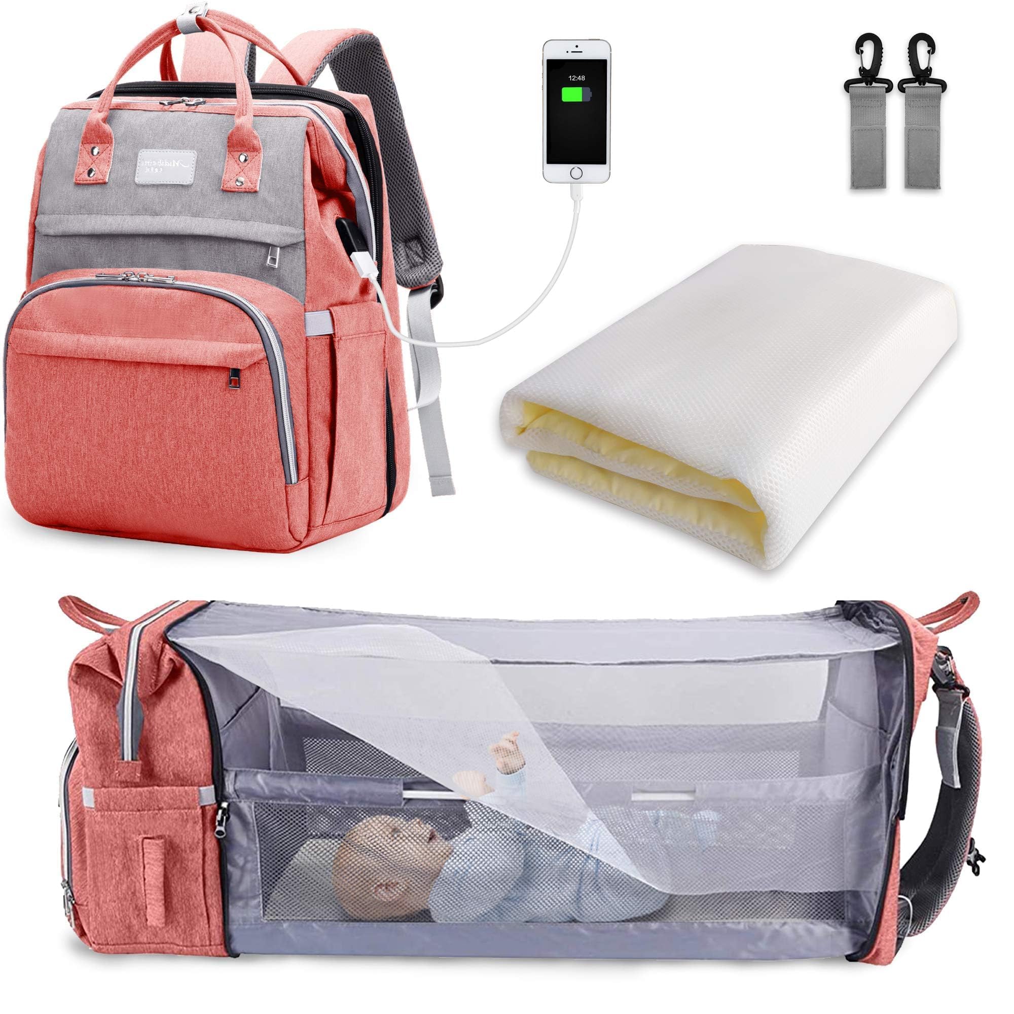 SNDMOR Mochila Pañales, Grande Mochila Maternidad Bebe, Mochila Carro Bebe Multifuncionales, Bolsa de Pañales con Cambiador y Puerto de Carga USB, Apto para Mamá y Papá (Rosa y Gris)