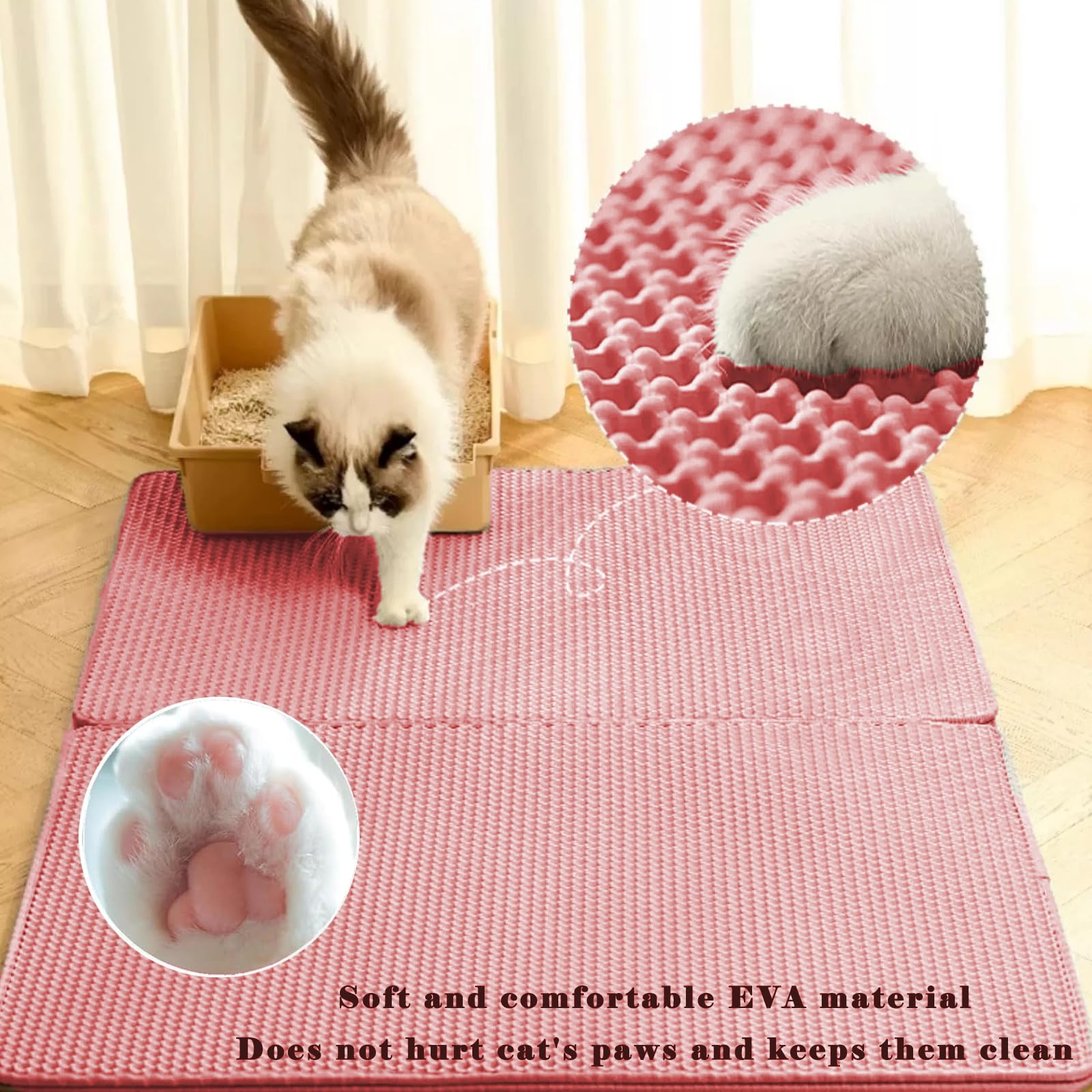 Cat Litter Mat, Honeycomb Double Layer Cat Litter Trapping Mat, Waterproof Urine Proof Non-Slip, Scatter Control, Less Waste, Easier to Clean (Pink, 35" X 24") - image 3