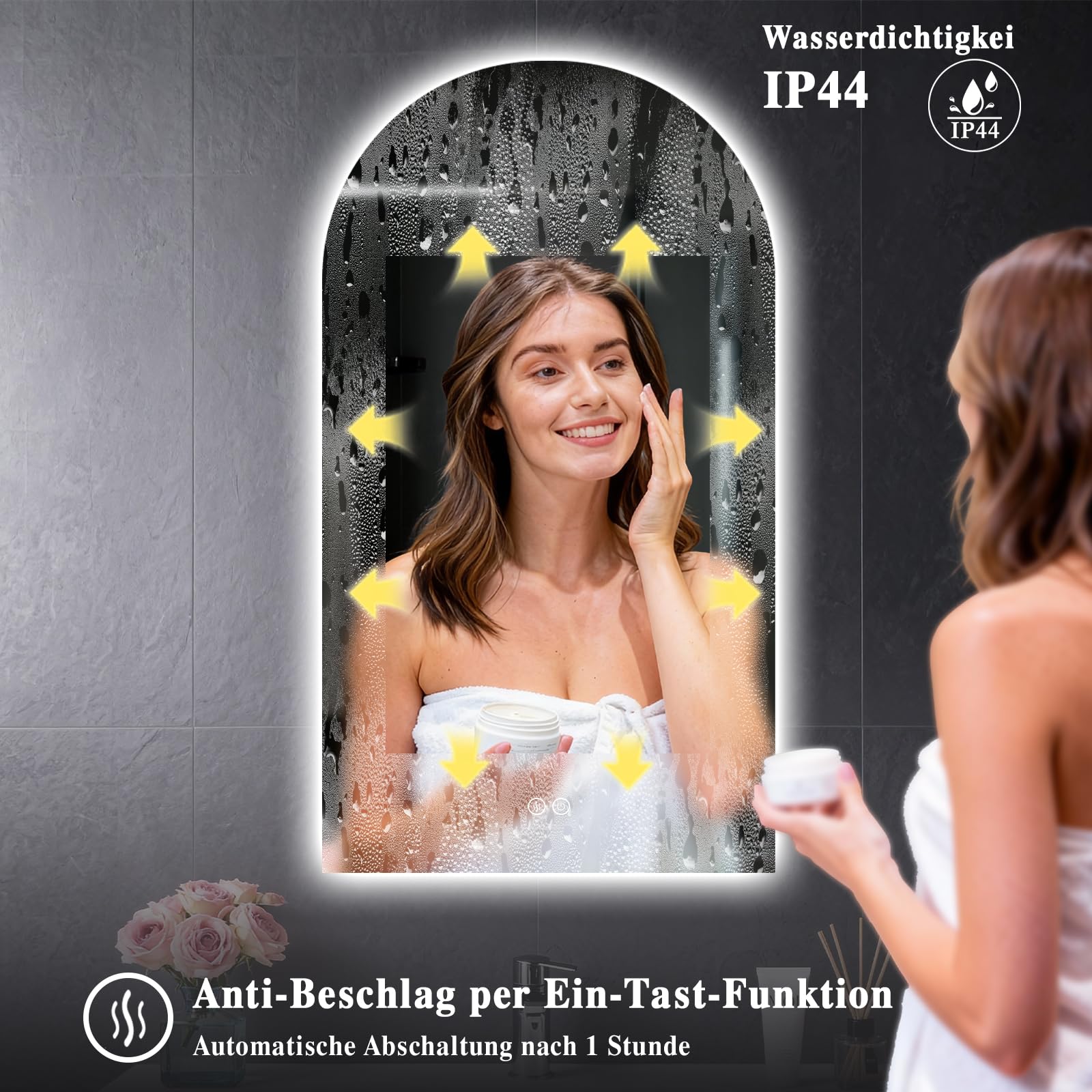 Specchio da bagno con illuminazione, 50 x 90 cm, specchio da bagno a LED curvo, con interruttore touch, dimmerabile, 3 colori di luce, per bagno