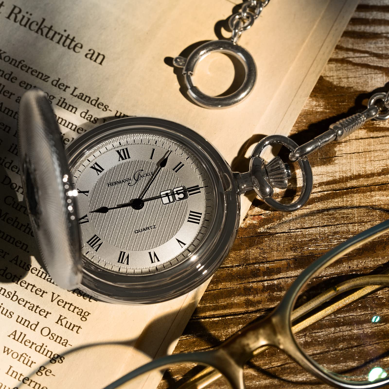 Hermann Jäckle Herren Taschenuhr Koblenz II Big Date Quarz 50 mm | Großdatum, präzises Quarzwerk, großes Zifferblatt, inklusive Kette und Reiseetui.