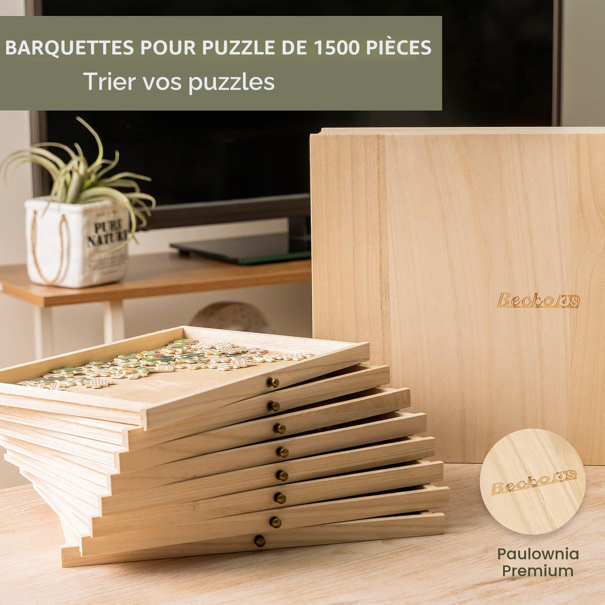 Becko US Plateaux de tri en bois avec tiroir coulissant, 8 trieurs puzzle pour le rangement, plateau de tri et de rangement d'accessoires de puzzle, léger et portable