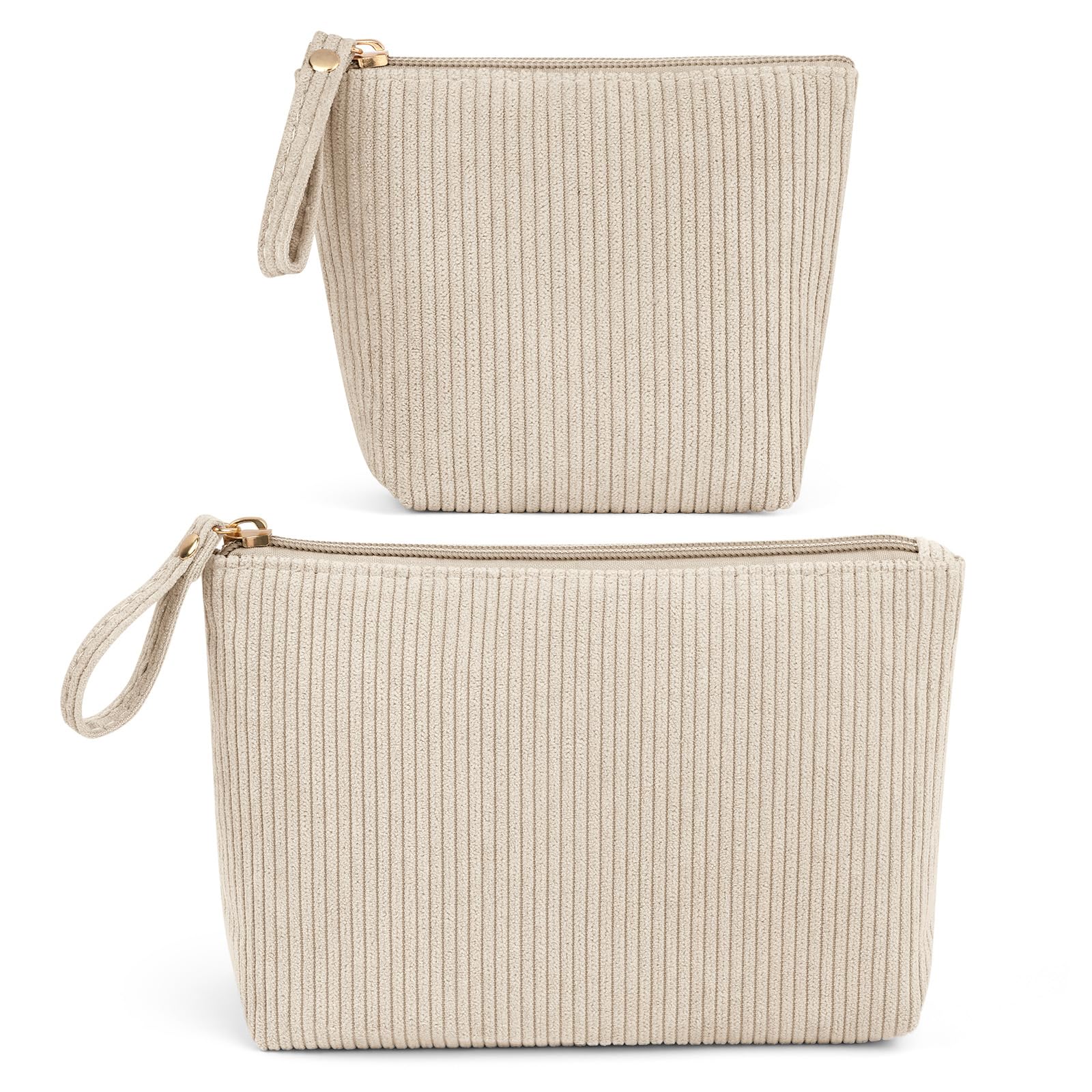 MAGEFY 2er Set Kosmetiktasche Kleine Cord Make Up Tasche Kosmetiktasche Tragbar mit Fächern&Griff-Reißverschluss Reise Make-up Bag für Handtasche(Beige)
