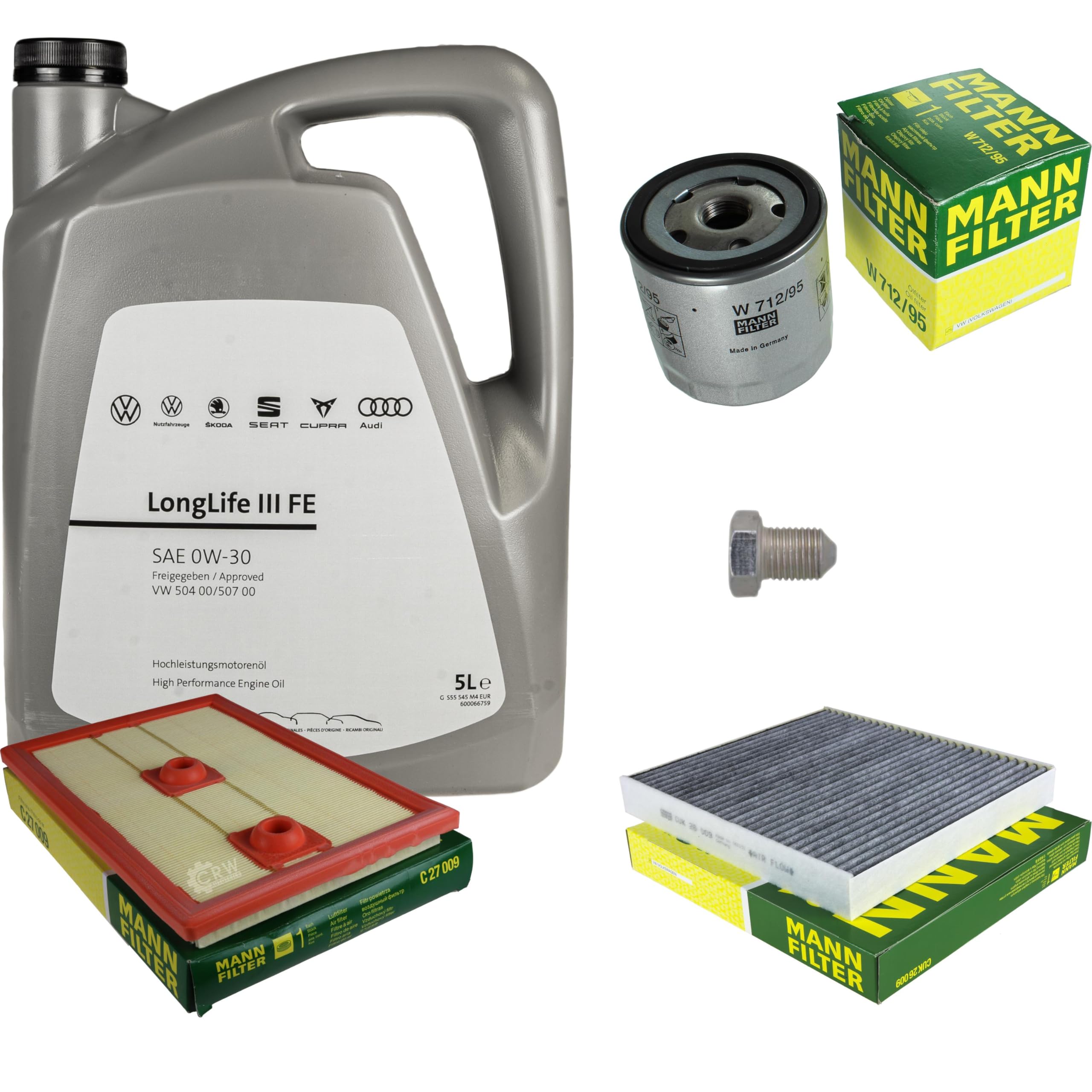 Pacchetto di ispezione pacchetto di manutenzione filtro con 5 l 0W-30 olio motore LongLife 3 FE, filtro dell'olio, filtro dell'aria abitacolo (carbone attivo) vite di scarico dell'olio