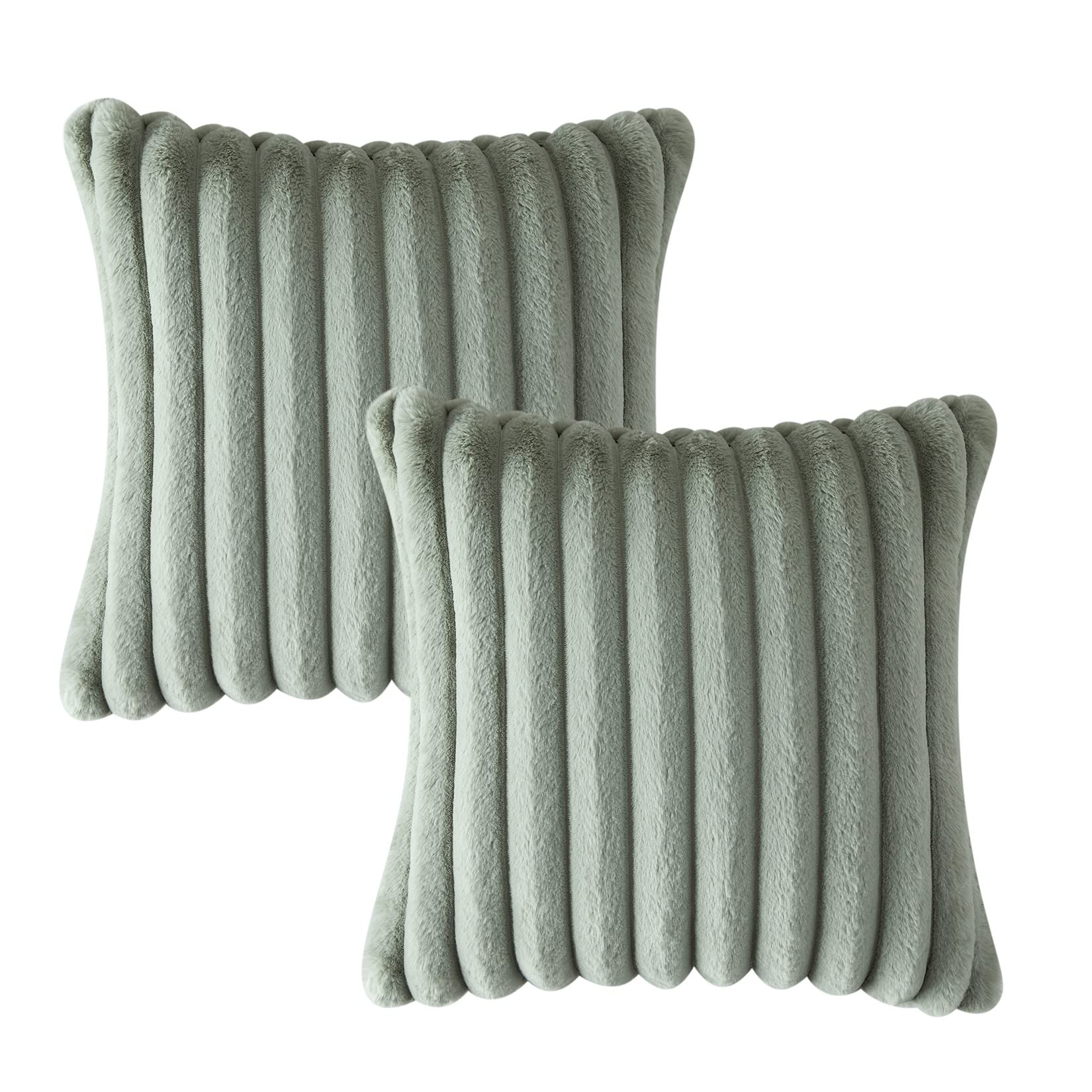 CAROMIO Cozy Faux Fur Throw Pillow Covers 18x18, Fluffy Fuzzy Striped Pillowcase, Plush Decorative Cushion Covers for Couch Sofa Bedroom Set of 2 Light Moss Green 18x18
