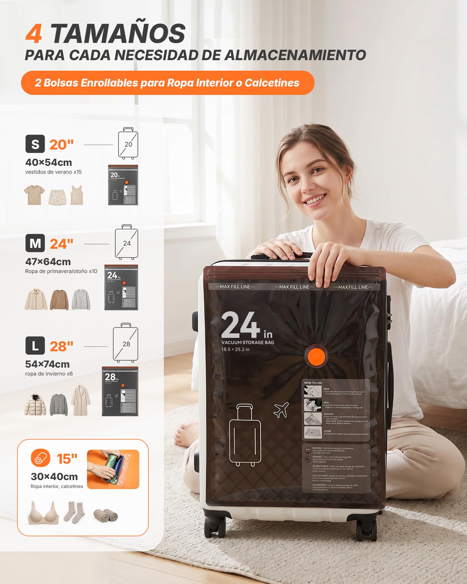 Bolsas Vacio Ropa Viaje con Bomba de Vacío Eléctrica Inalámbrica, Pack de 20 (4 * 74x54, 8 * 64x47, 8 * 54x40) – Ideal para Equipaje de Mano, Ropa de Temporada y Almacenamiento en Casa