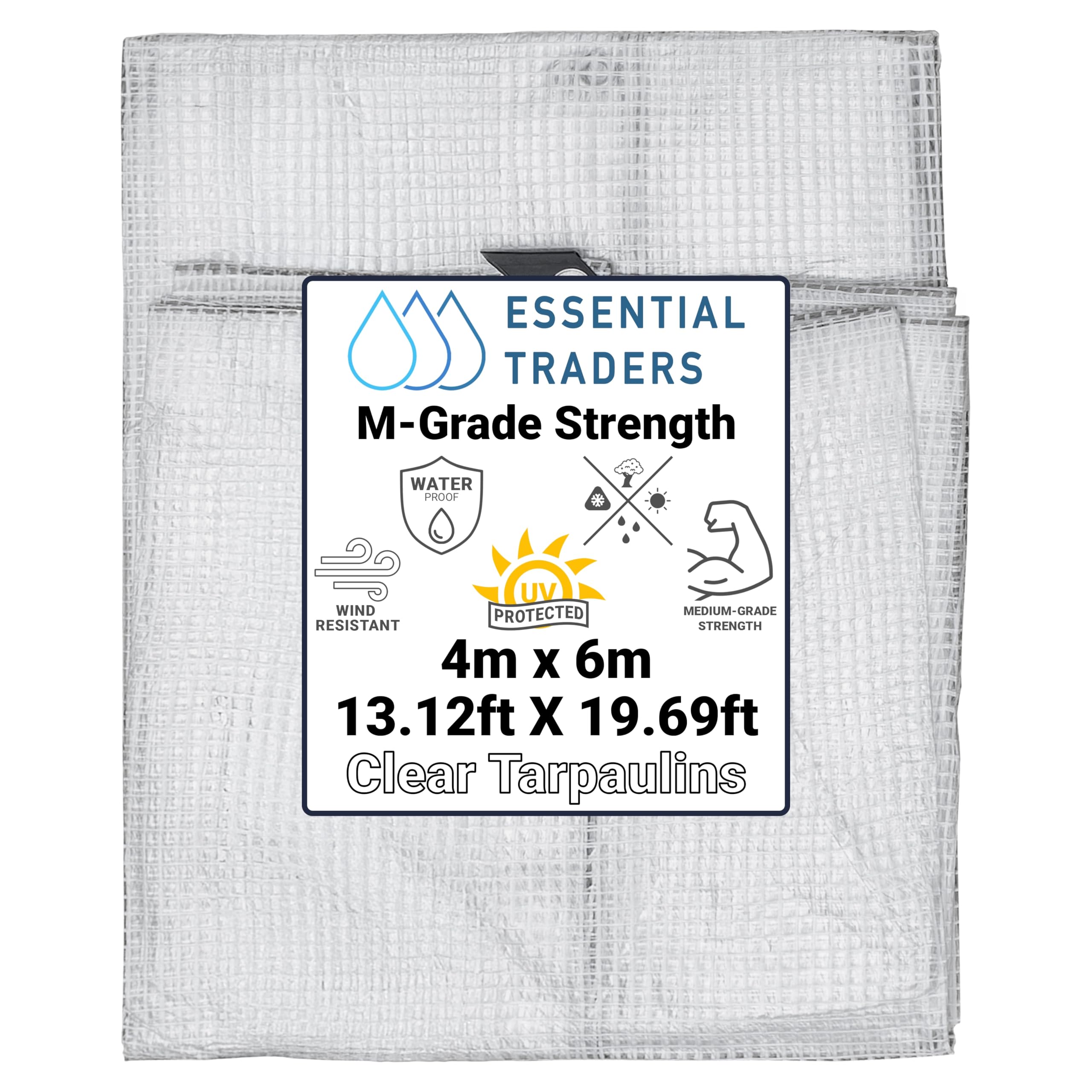 Clear Monotex Heavy Duty Tarpaulin, 100gsm Waterproof Ground Cover Multipurpose Furniture, Caravan, Vehicle, Tool, Camping & Shed Mono Sheet, Medium Weight Reinforced Cotton Mesh (4m x 6m)
