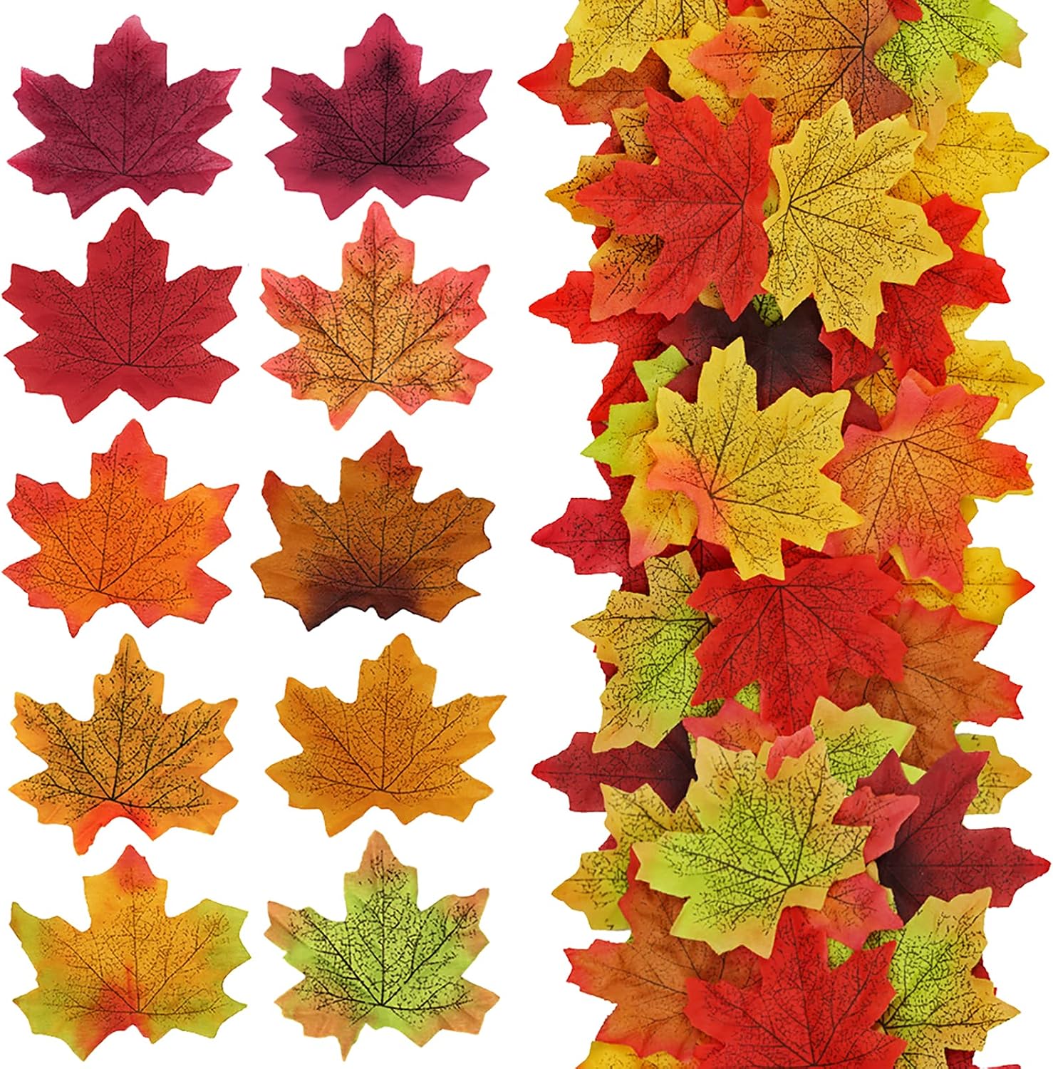 Supla 500 Pcs 10 Colors Assorted Fake Silk Autumn Maple Leaves Bulk Artificial Fall Leaf Foliage 3.15" L X 3.15" W for Thanksgiving Table Door Fall Wedding Party Birthday Baby Shower Decorations
