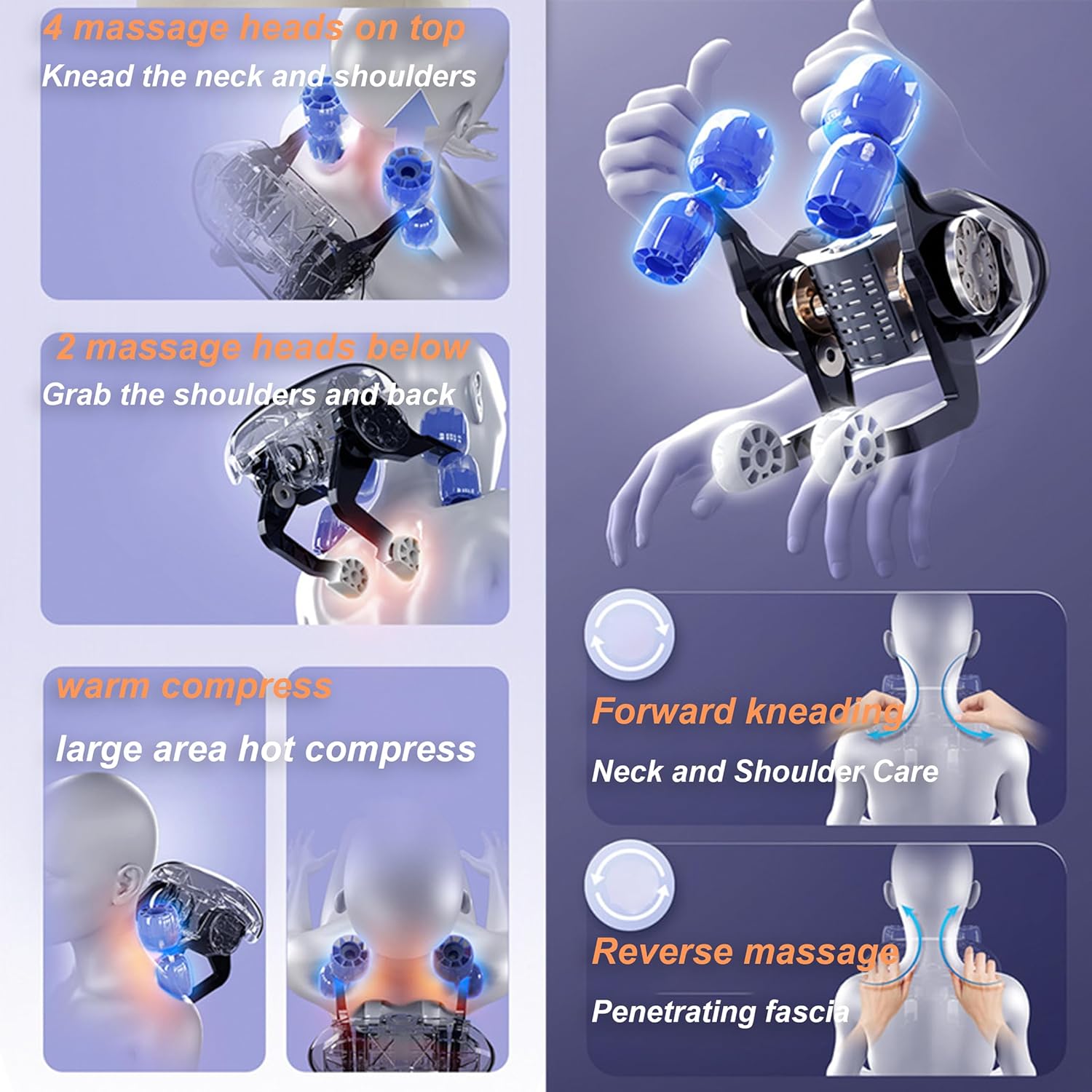 2023 Shiatsu Neck and Shoulder Massager with Soothing Heat, Electric Deep Tissue 3D Kneading Massage Pillow, Simulate Human Hand Grasping and Kneading, for Neck, Back, Shoulder, Foot, Leg, Orange