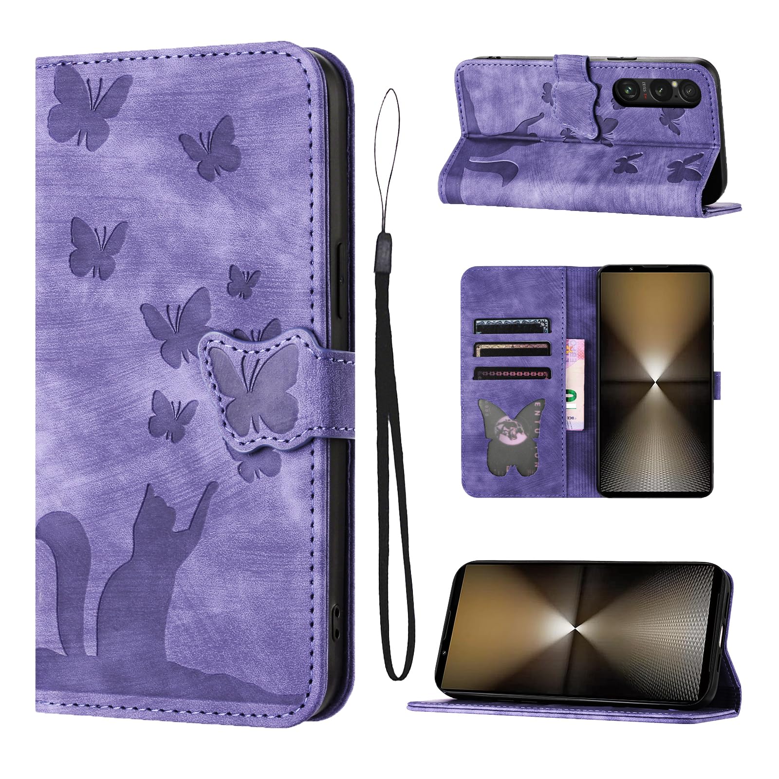 LSPCASA Custodia Per Sony Xperia 1 Vi 5G 6.5 Pollici Materiale In Pelle PU Cover Sony Xperia 1 Vi Con Slot Per Schede Reticolo Della Farfalla Del Gatto Protettiva Case Viola
