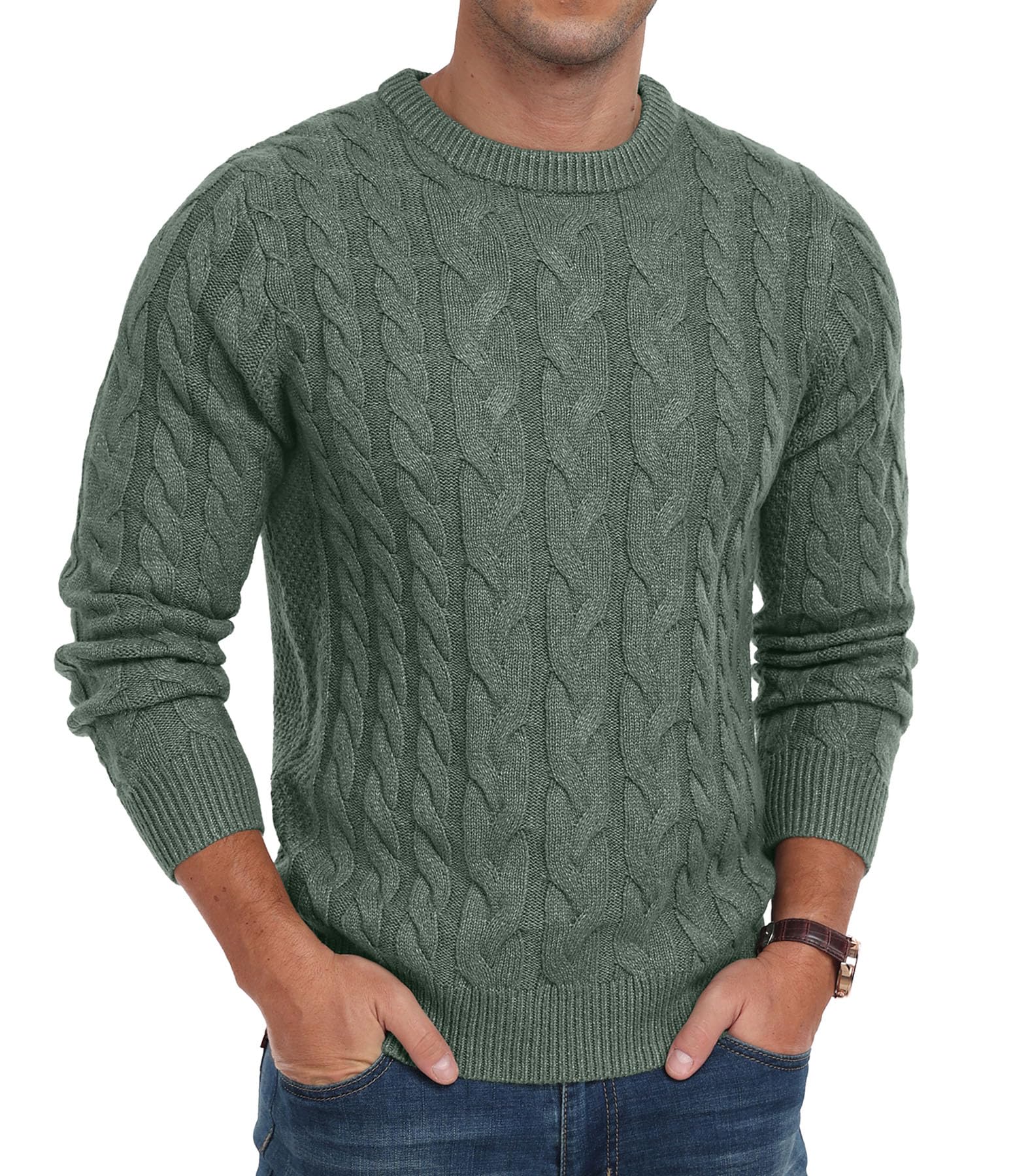 QIXING Maglione da uomo lavorato a maglia a trecce girocollo casual a maniche lunghe maglione lavorato a maglia grossa con bordo a costine