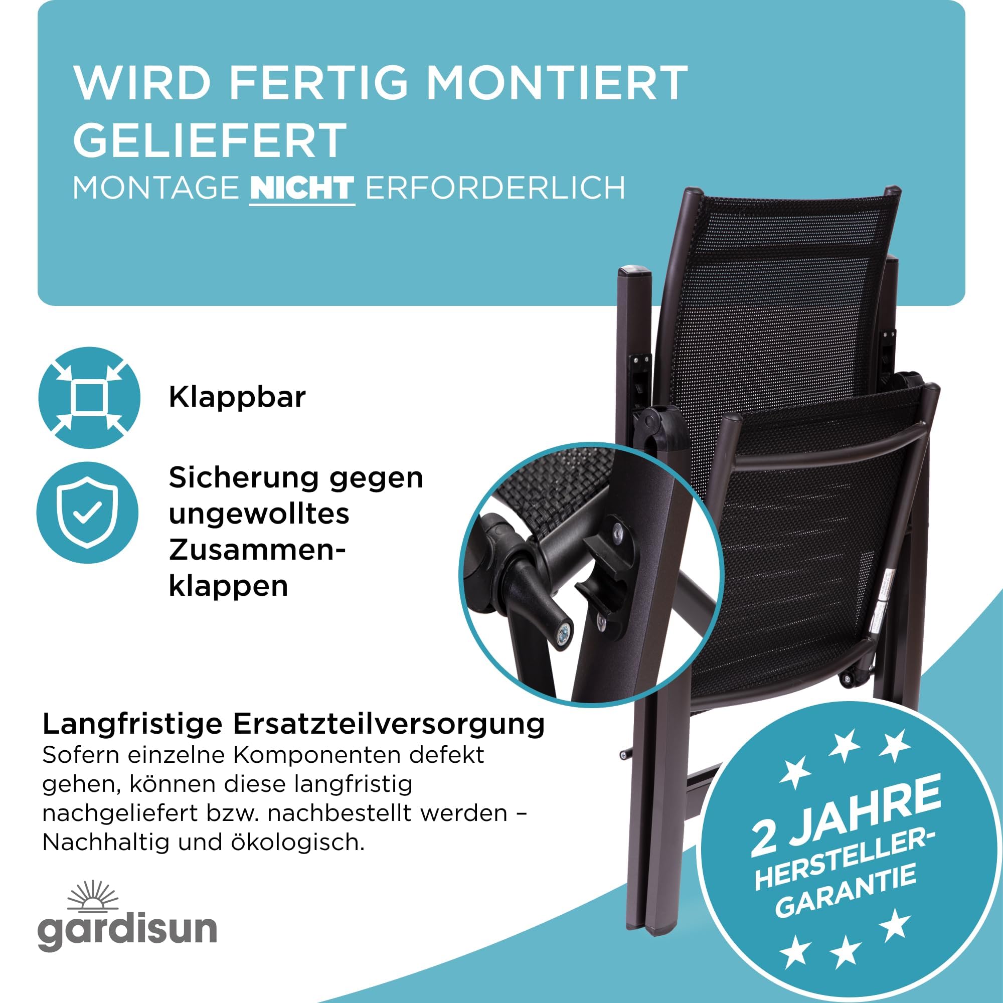 Hochlehner Gartenstuhl klappbar aus Aluminium, 2-Fach pulverbeschichtet, wetterfest, leicht, 5-Fach verstellbar, Made in EU, 2er Set, Anthrazit