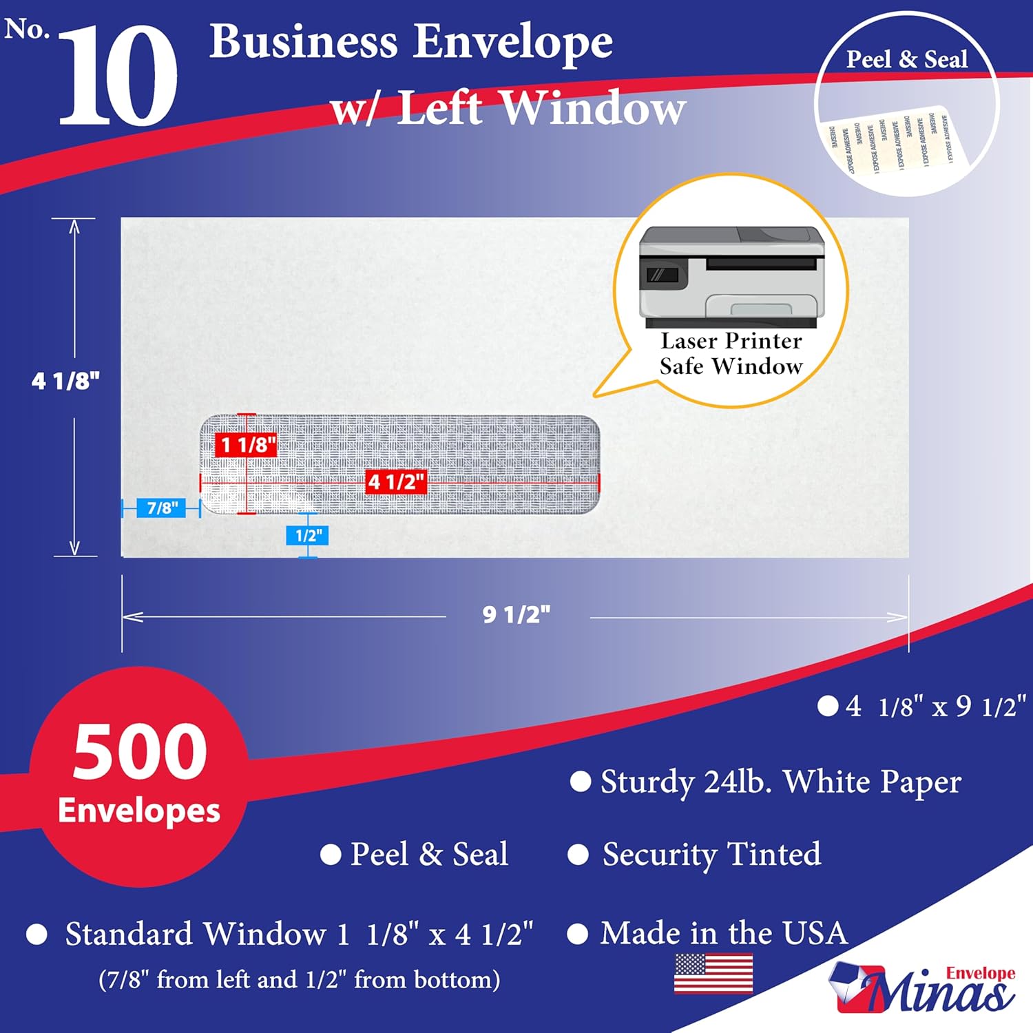 500 Minas Envelope - #10 Business Envelope, 4 1/8 X 9 1/2, Laser/Inkjet Compatible Left Window, Peel & Seal, Security-Tinted, 24lb. White, 500 Count