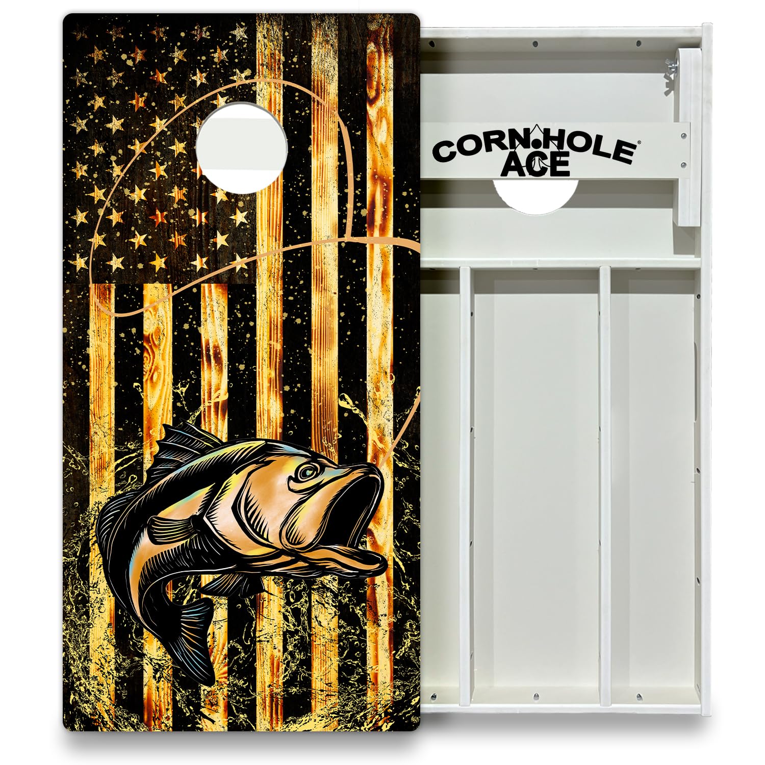 CornholeAce Bass Fishing with USA Flag All Weather Pro Cornhole Board Set - Waterproof 4x2 Regulation Size, Made in USA, Triple Wide Legs, 3/4