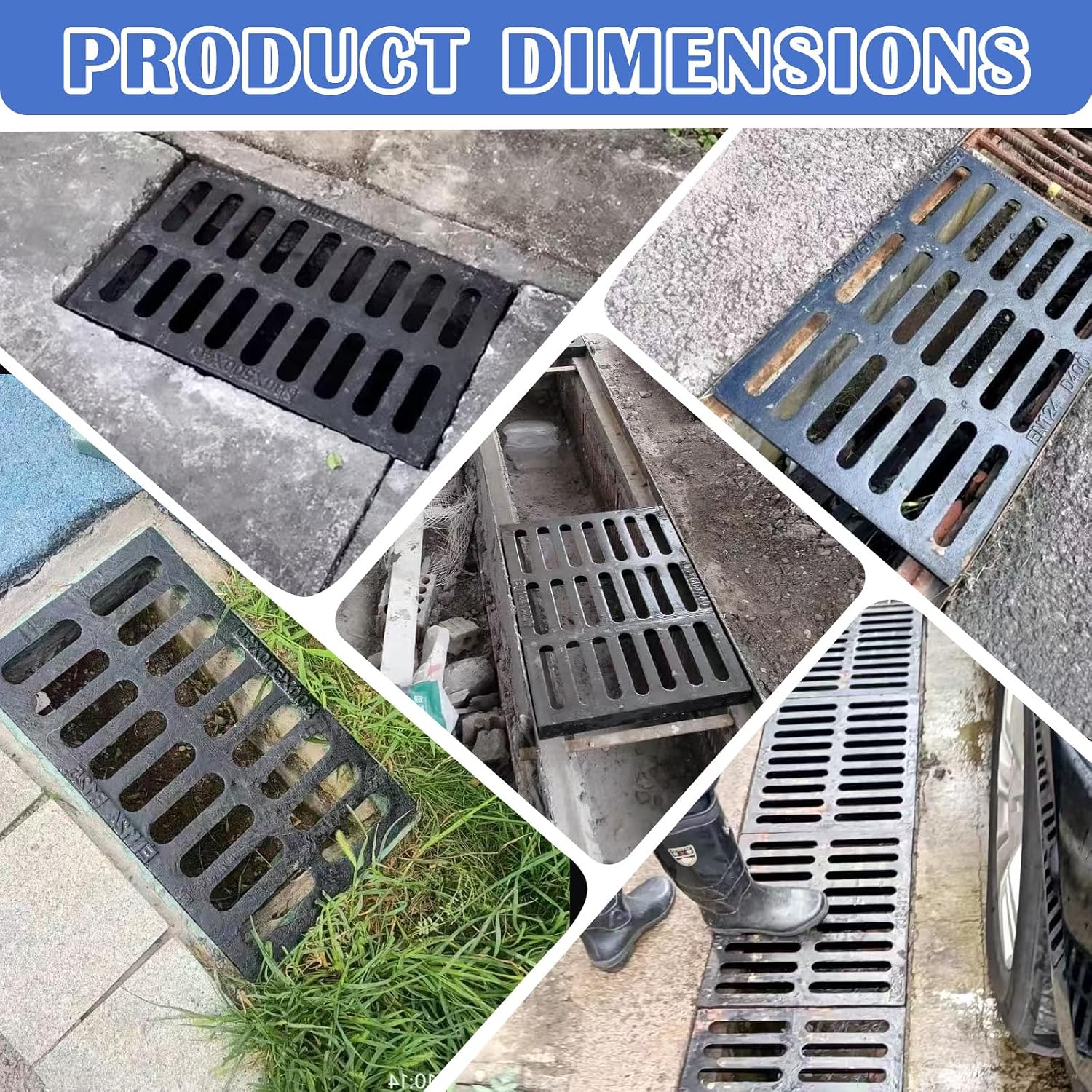 Cast Iron Drain Grate, 24 * 12in Outdoor Drain Cover, B125 Class Ductile Iron Channel Drainage Grates, Heavy Duty Sewer Grate,Black Rectangle Drain Grate for Yard,Driveway,Concrete Floor.