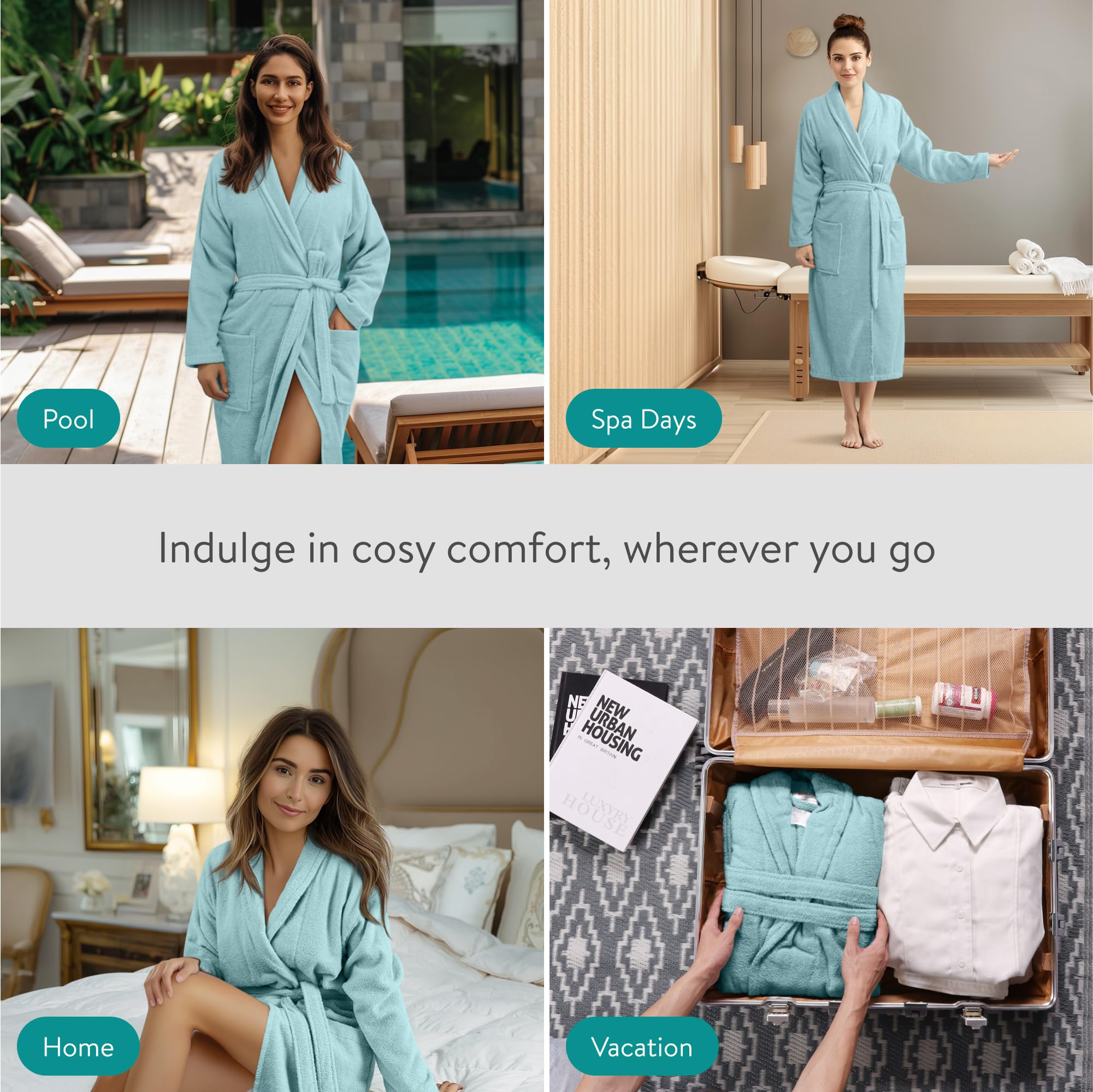 Aqua-textil badjas met capuchon, katoenen ochtendjas, voor dames en heren, saunamantel, Föhr, effen of Sylt tweekleurig, turquoise, L