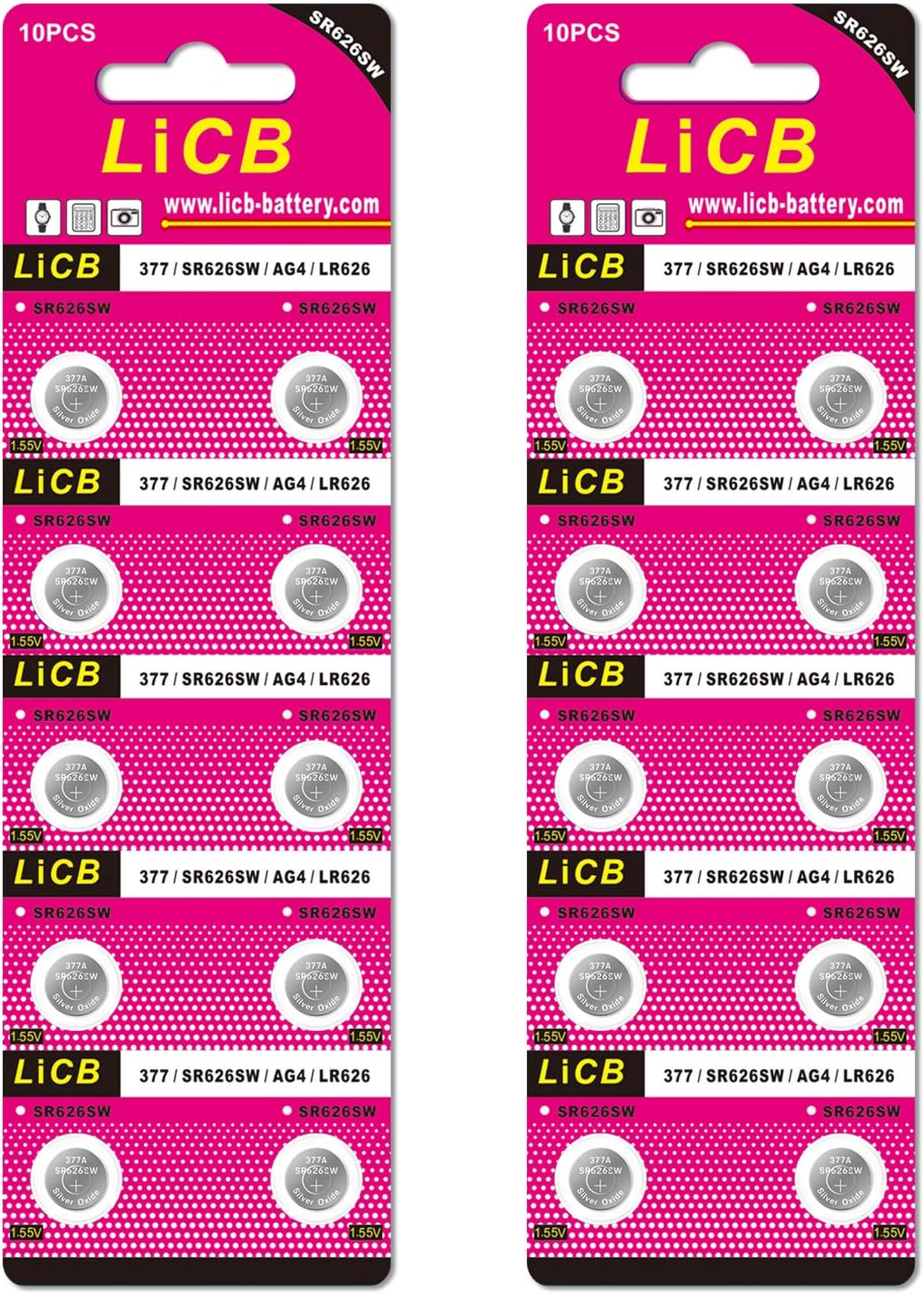LiCB 20 pcs SR626SW Button Batteries for Watch [377, LR66, LR626, AG4, 377A Equivalent]
