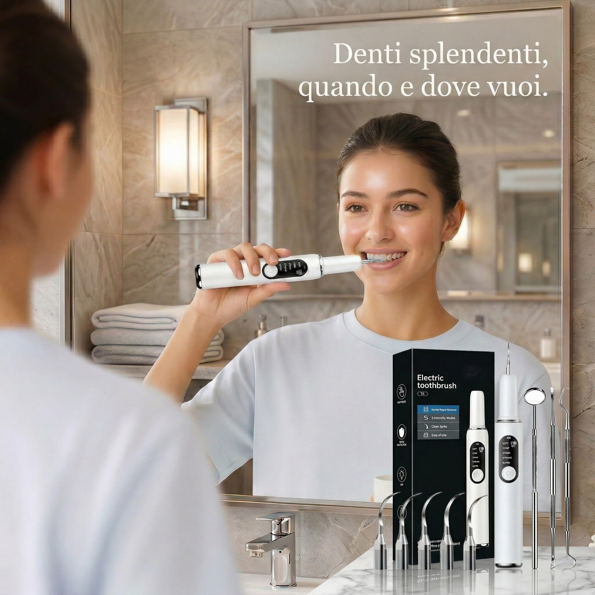 Kit Pulizia Denti Tartaro，Spazzolino Elettrico Ultrasuoni Intelligente con 5 Modalità Per Rimozione Placca e Macchie con 5 testine intercambiabili e Luci LED per Pulizia Tartaro Uso Quotidiano a Casa