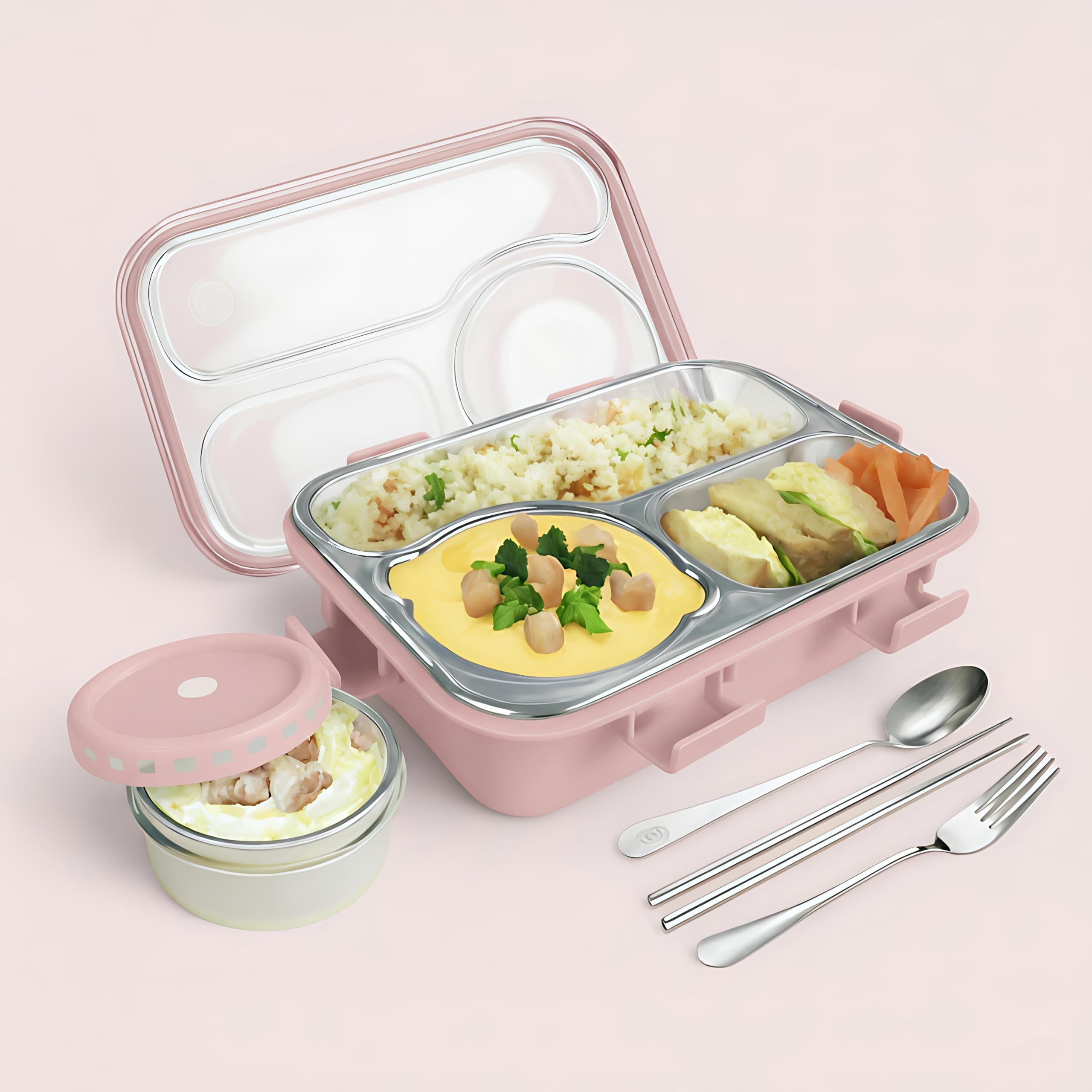 Umadiya® Lunch Box 3 Compartment Out Side-Leak-Proof BPA Free Stainless Steel, Lunch Box for Girls, Lunch Box for School with a Fork, a Spoon and a Pair of Chopsticks 750 ml (Pink)