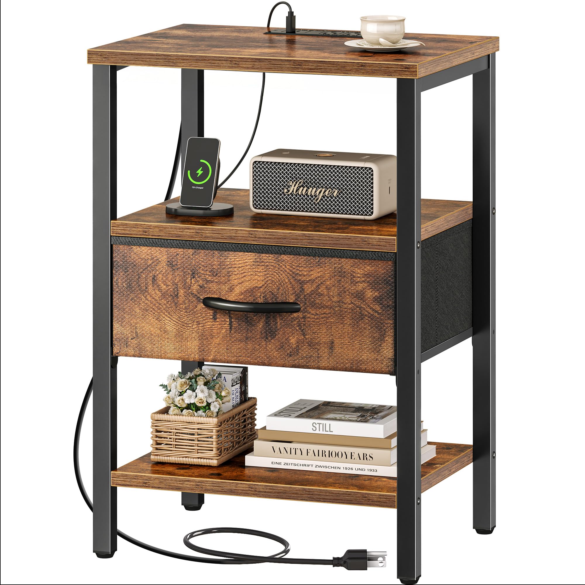 SUPERJARE Nightstand with Charging Station, Bed Side Table with Adjustable Fabric Drawer, Night Stand for Bedroom, 3-Tier Storage End Table, for
