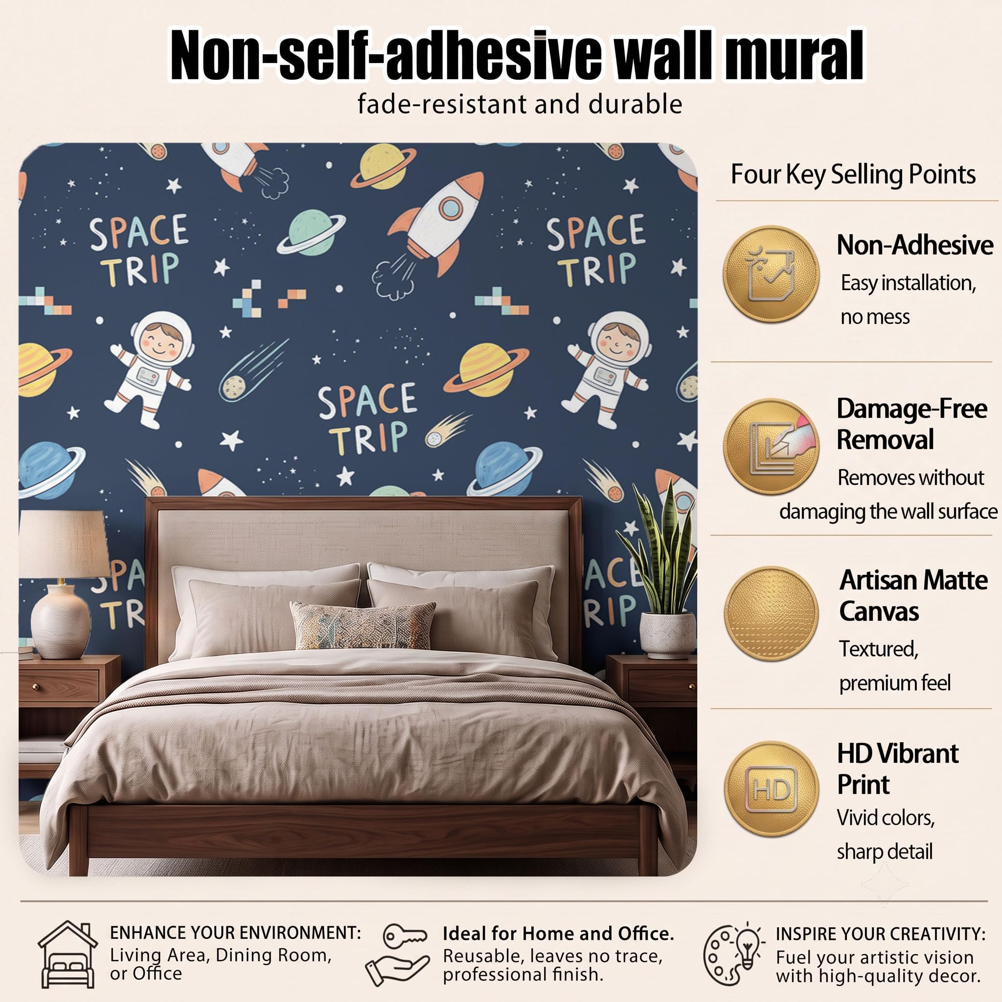 Papier Peint Panoramique 200X140Cm Astronaute Amusant Dans L'Espace | Bleu Marine Papier Peint Intissé Tapisserie Poster Décoration Murale Pour Salon Chambre - Fusées Planètes Galaxies