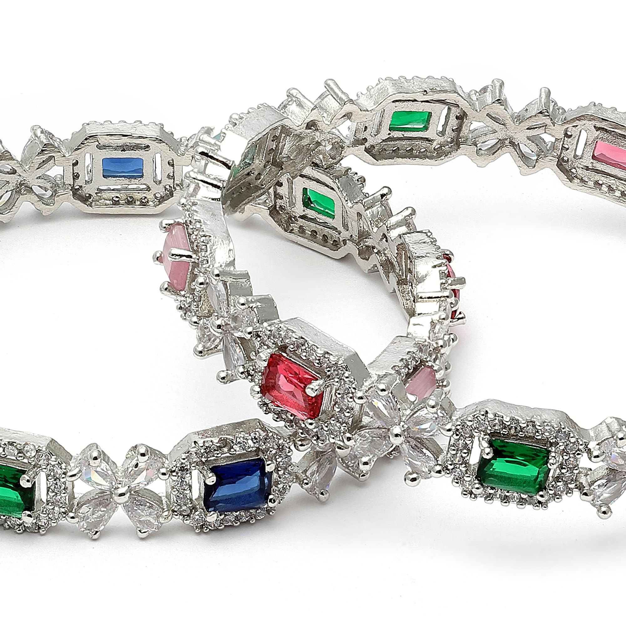 Rhodium-Plated Silver Toned AD Square Shaped Bangle Set (Design_04)