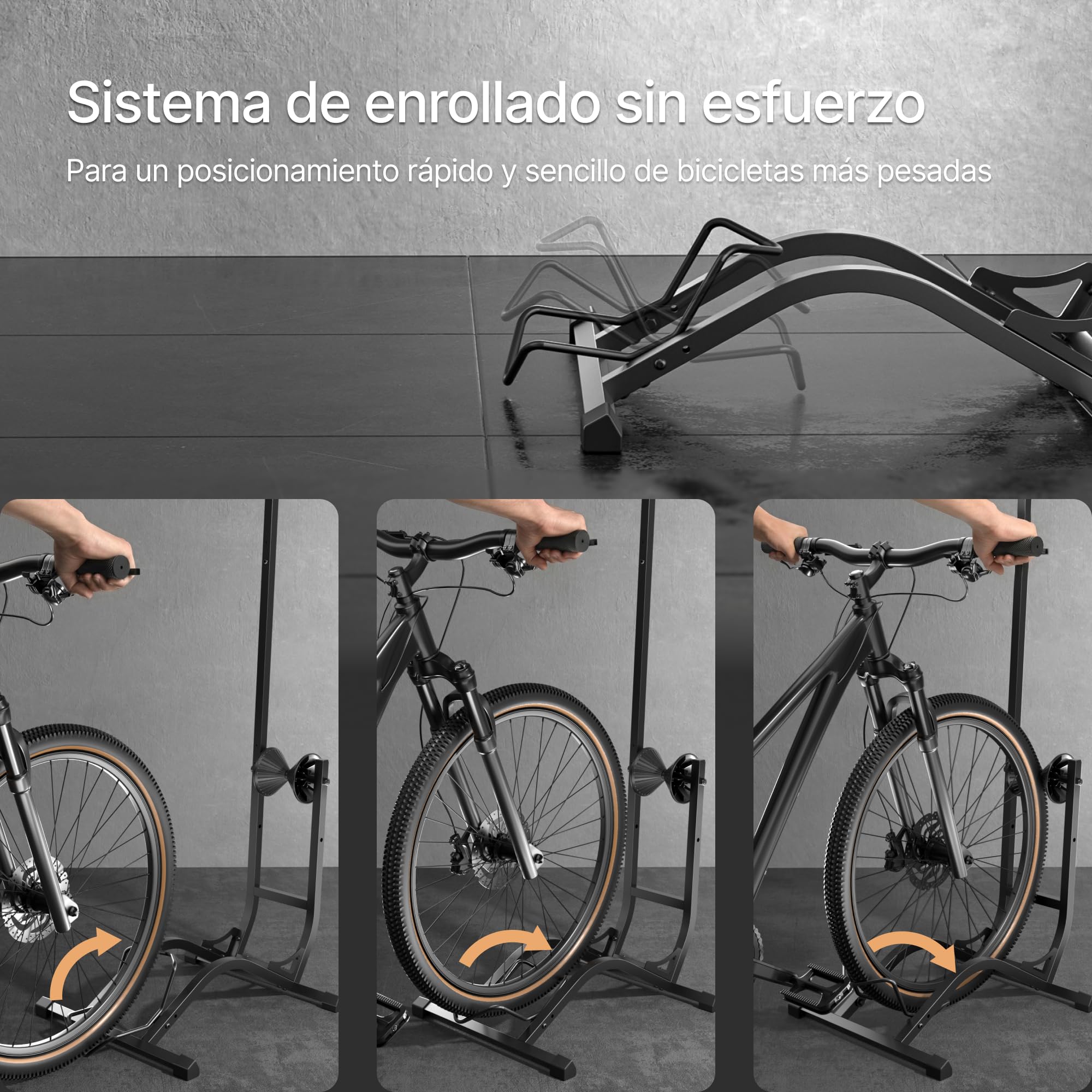 PEGZONE Soporte Vertical para Bicicleta, Hasta 35 kg, Negro | Soporte de Suelo para Bicicletas de 20 a 27 Pulgadas y Neumáticos de hasta 90 mm, Altura Ajustable, MTB y Carretera