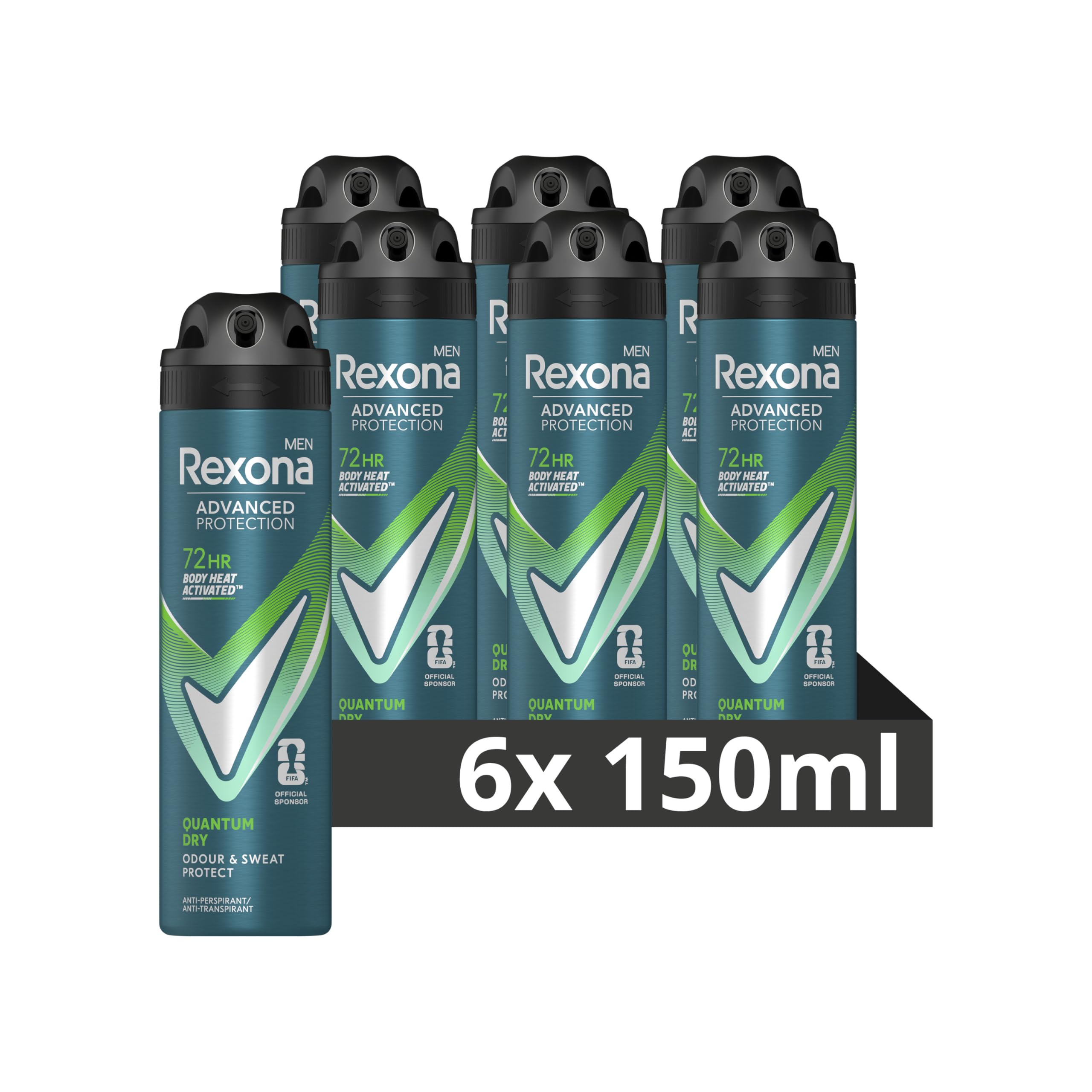 Rexona Men Advanced Protection Quantum Dry Anti-Transpirant Deodorant Spray, biedt tot 72 uur bescherming tegen zweet en lichaamsgeur - 6 x 150 ml - Voordeelverpakking