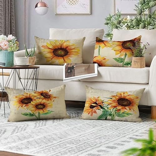 Miniatura 4 de Neatee Living Juego de 4 fundas de almohada decorativas de girasol de 12 x 20 pulgadas, fundas de almohada lumbares de lino, fundas de almohada