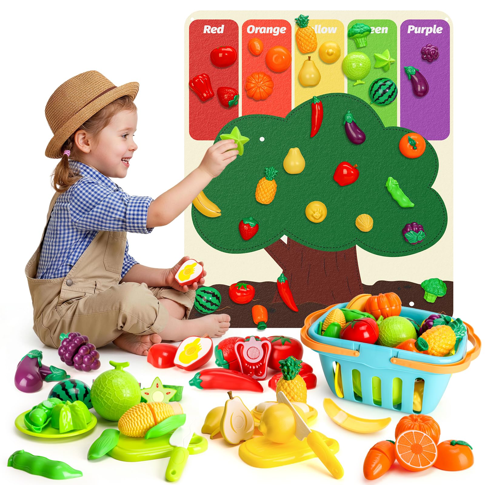Conjunto Wdebay: fruta para cortar + alfombra de árbol de fieltro. Accesorios para comedores, Juego de comida para cocina infantil. Juguete educativo a partir de 3 años – Regalo para niñas/niños