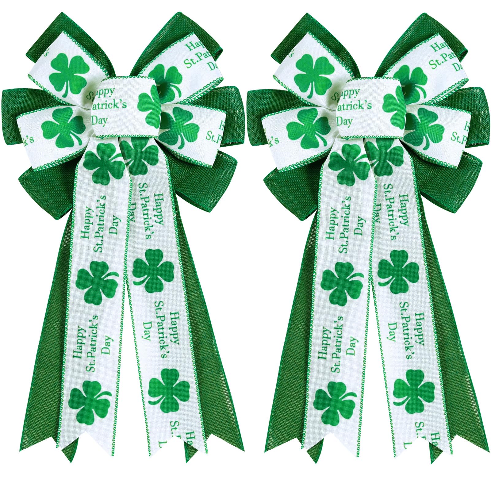 2 Pcs St Patricks Day Bows for Wreath Outdoor Decorations,St Patricks Day Tree Topper Bows,Large White Green Burlap Shamrock Bowknot Irish Holiday Crafts Bows for Front Door Decor