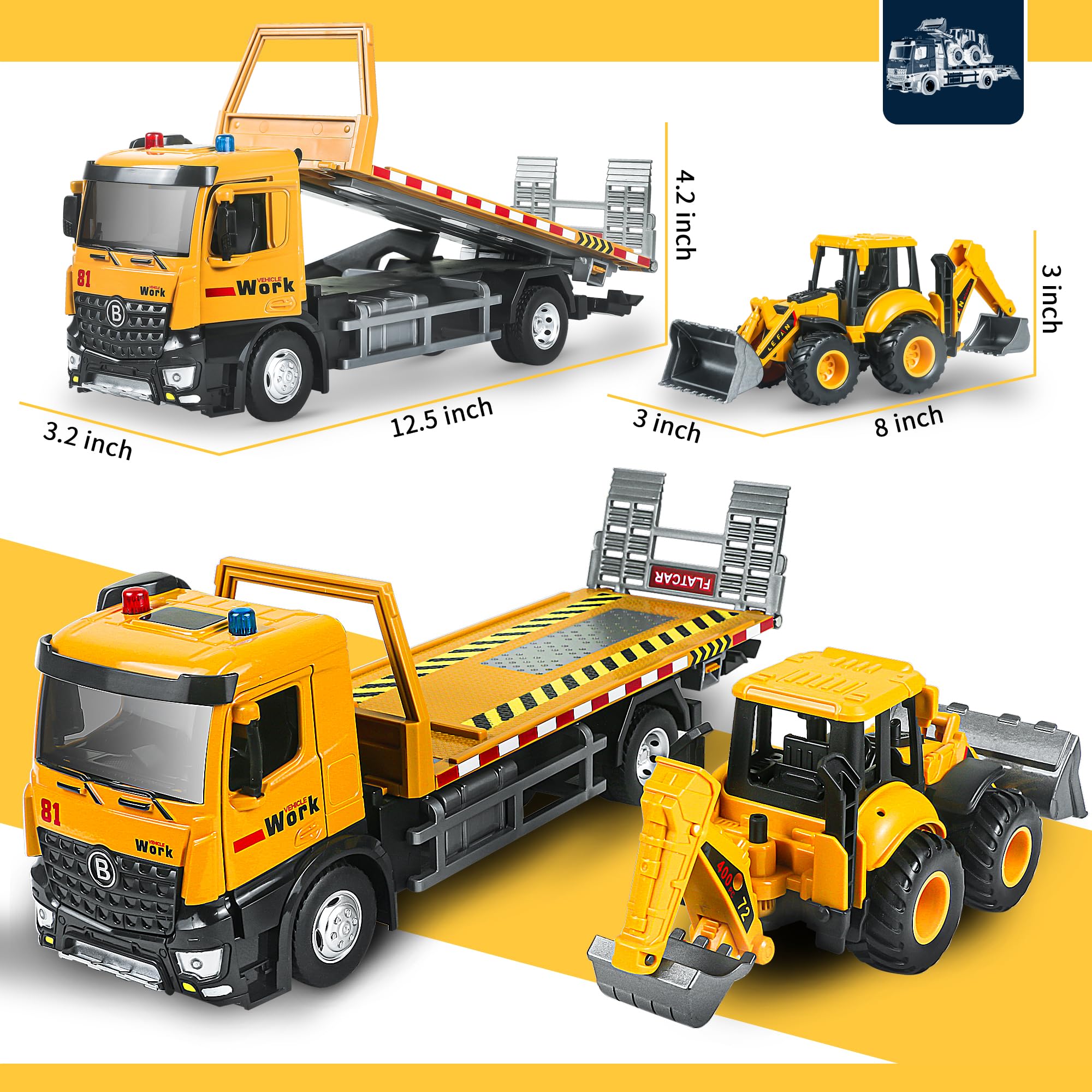 Camioncino Giocattolo, Camioncino in Metallo con Cabina Piatta per Ragazzi dai 3 ai 7 Anni conTerna, Veicoli da Costruzione con Rimorchio a Frizione con Luci e Suoni