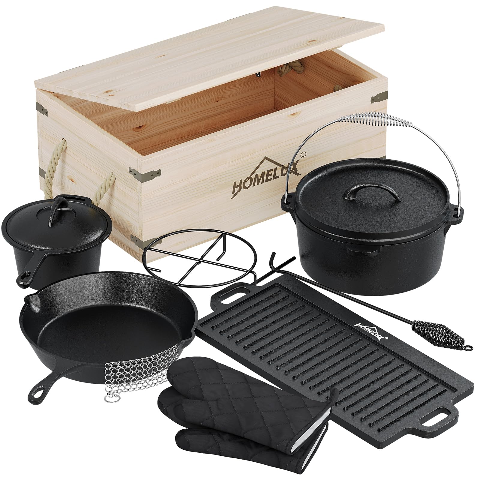 HOMELUX Dutch Oven Set 10-teilig | Gusseisen Camping Kochgeschirr Set mit Grillplatte, Feuertopf, Pfanne, Deckelheber, Untersetzer & Zubehör | Geeignet für Outdoor Grill & Hausküche