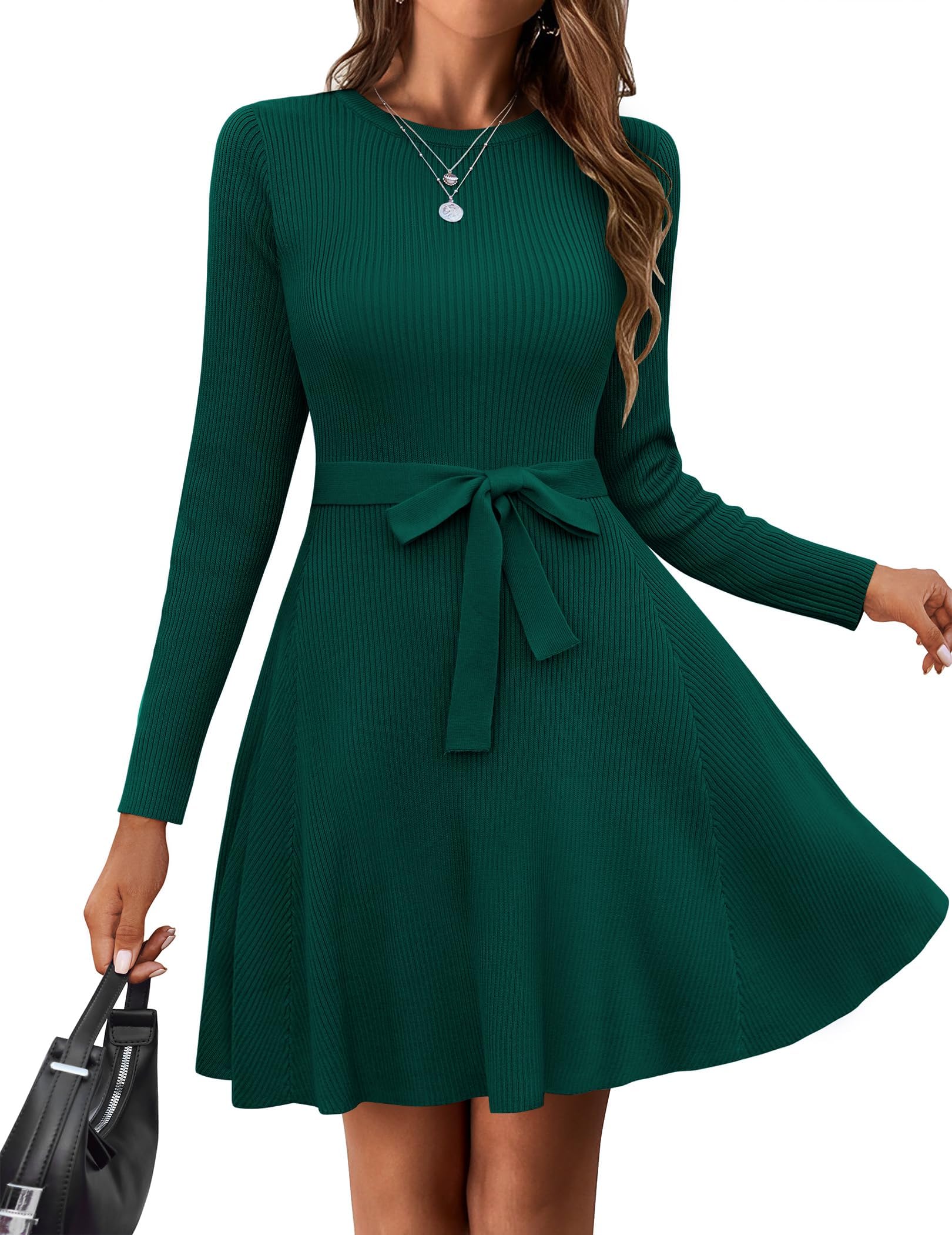 Hotouch Kleid Damen Rundhals Herbstkleid Elegant Strickkleid Langram Pulloverkleid A-Linie Winterkleid mit Gürtel S-XXL