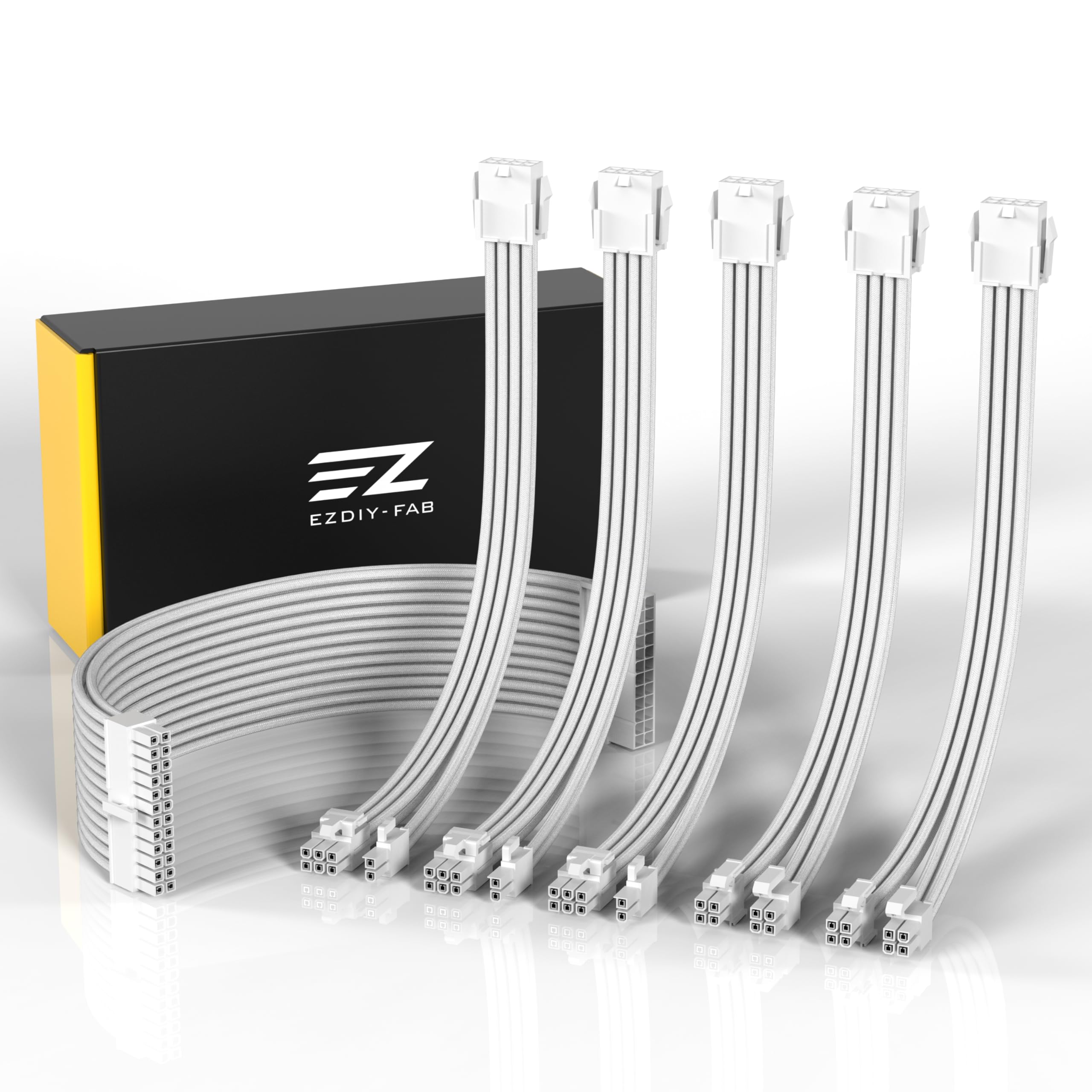 EZDIY-FAB Cavo di Estensione PSU con Sleeved Custom Mod GPU PC Alimentazione Morbido Nylon Intrecciato con kit Pettine 24PIN/3x 8PIN a 6+2Pin/2X 8PIN a 4+4PIN-300MM/11.8in-Tutto Bianco
