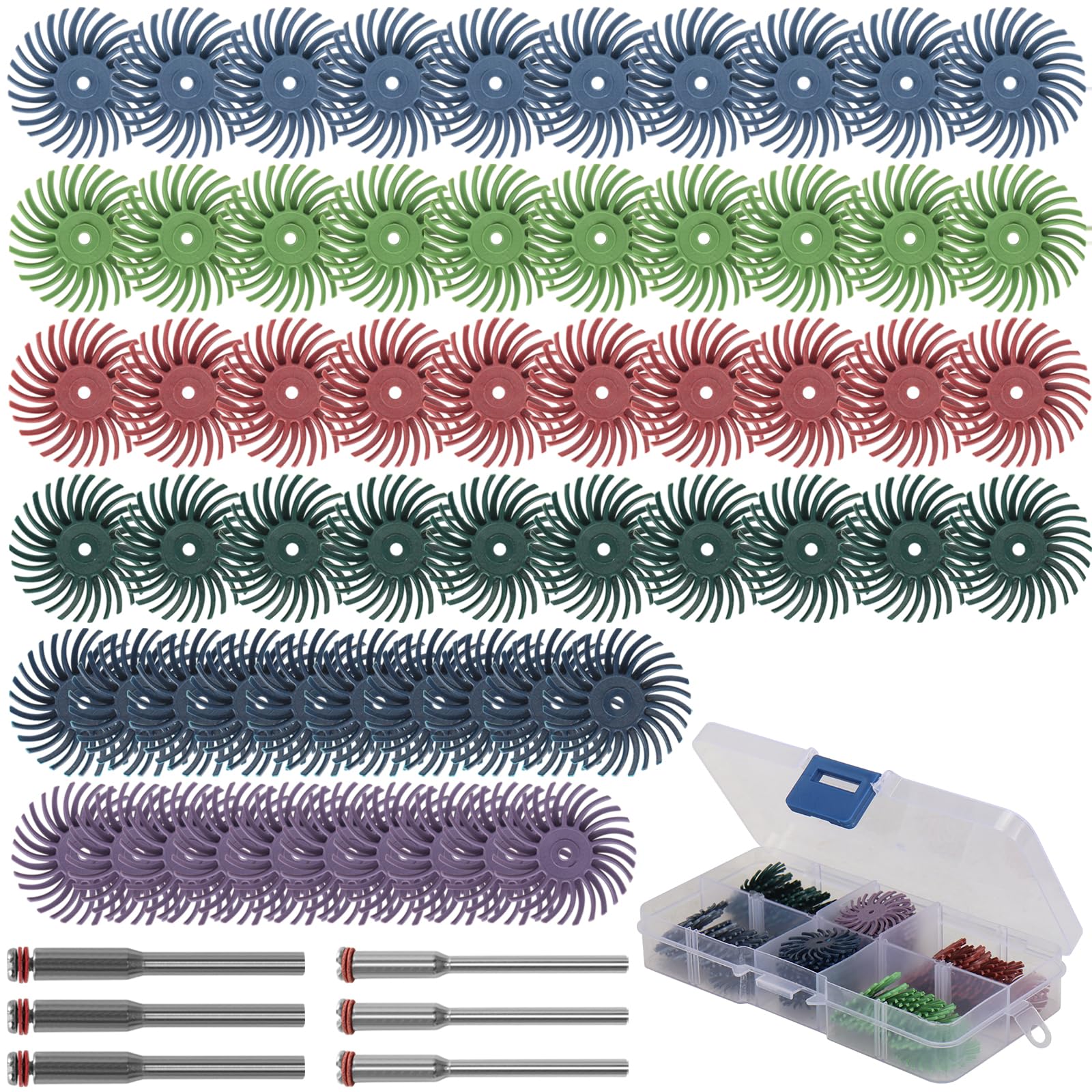 Baisiky 66Pcs 1 Inch Radial Bristle Disc Kit with 1/8" Shank for Rotary Tools,Detail Abrasive Brush for Jewelry Wood Metal Polishing, Bristle Wheel with Grit 80-1000