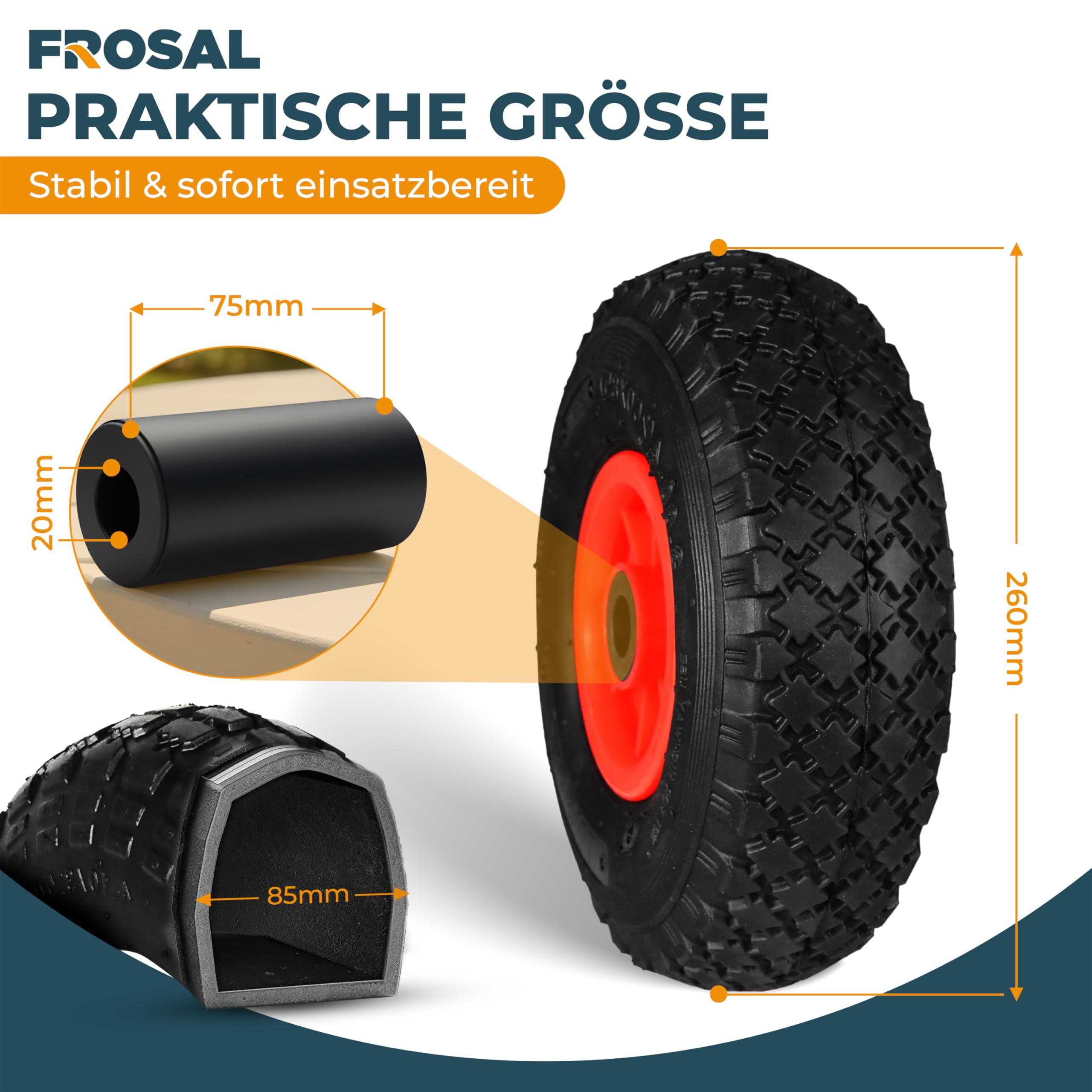 FROSAL Ersatzräder 260 mm (3.00-4) – 2er-Set – luftbereifte Räder mit Rollenlager – Ø 260 × 85 mm auf roter Kunststofffelge – für Ø 20 mm Achsen & 75 mm Nabenlänge – für Bollerwagen & Sackkarre