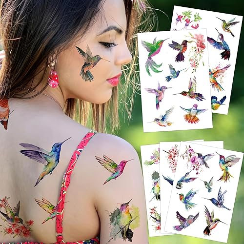 Miniatura 3 de Tatuajes temporales de colibrí, 20 hojas, 160 piezas de calcomanías temáticas de colibrí, suministros de decoración de fiesta, recuerdos de fiesta