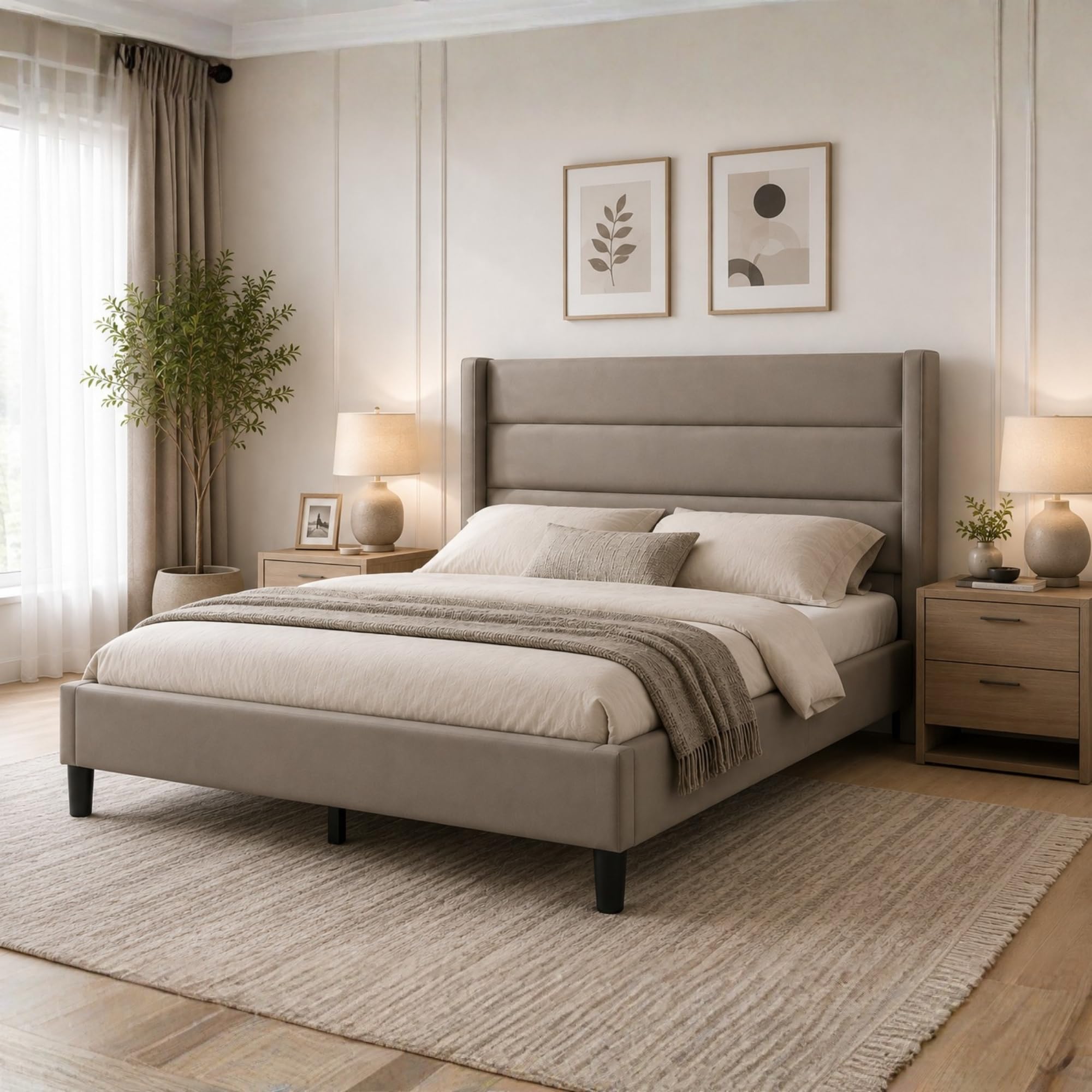 MATTERHORN Queen Size Taupe Fabric Bed - Image 1