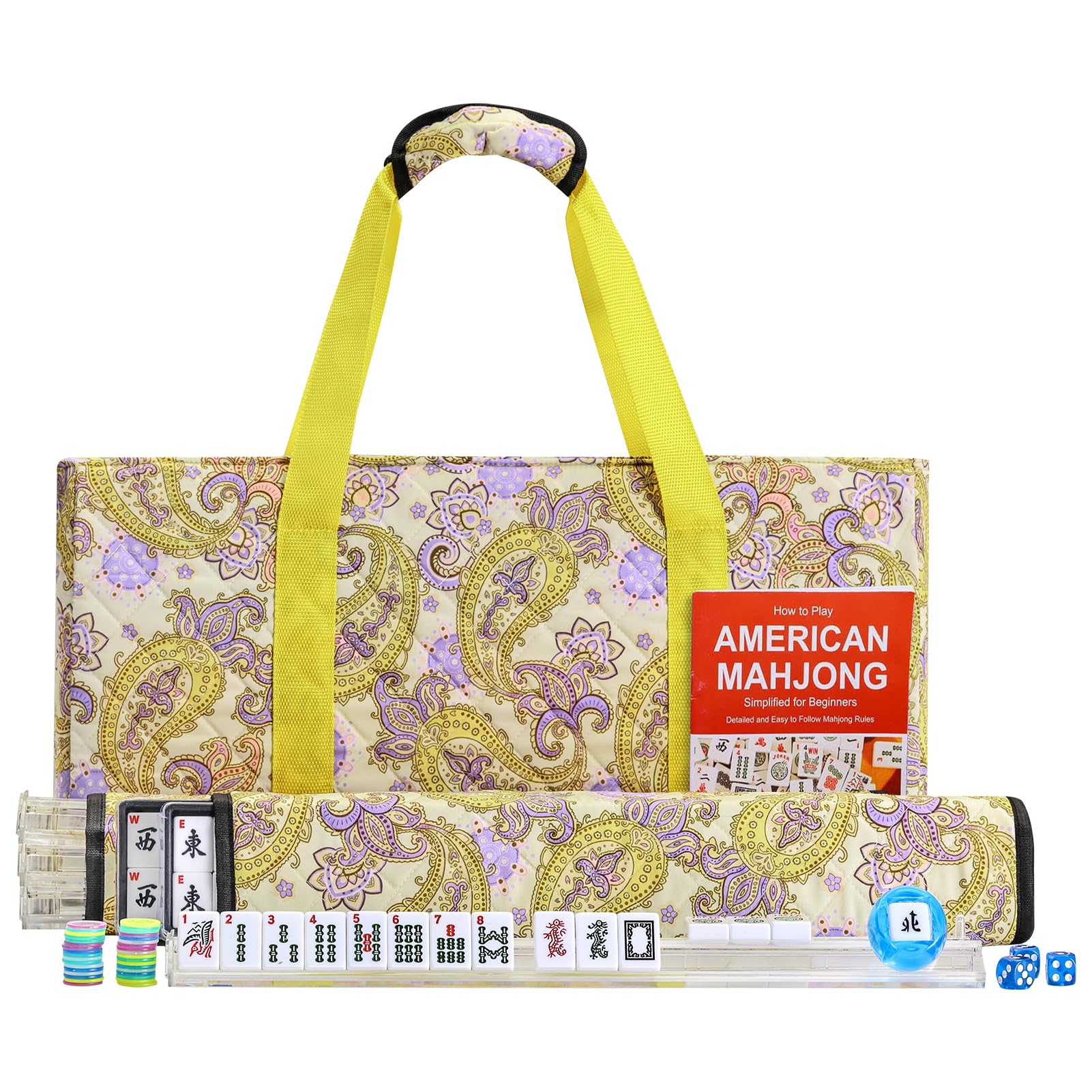 American Mahjong Tile Set, 166 White Tiles Mahjong Set, 4 Transparent All-in-One Racks/Pushers, Complete Game Set with Yellow Printed Carrying Bag