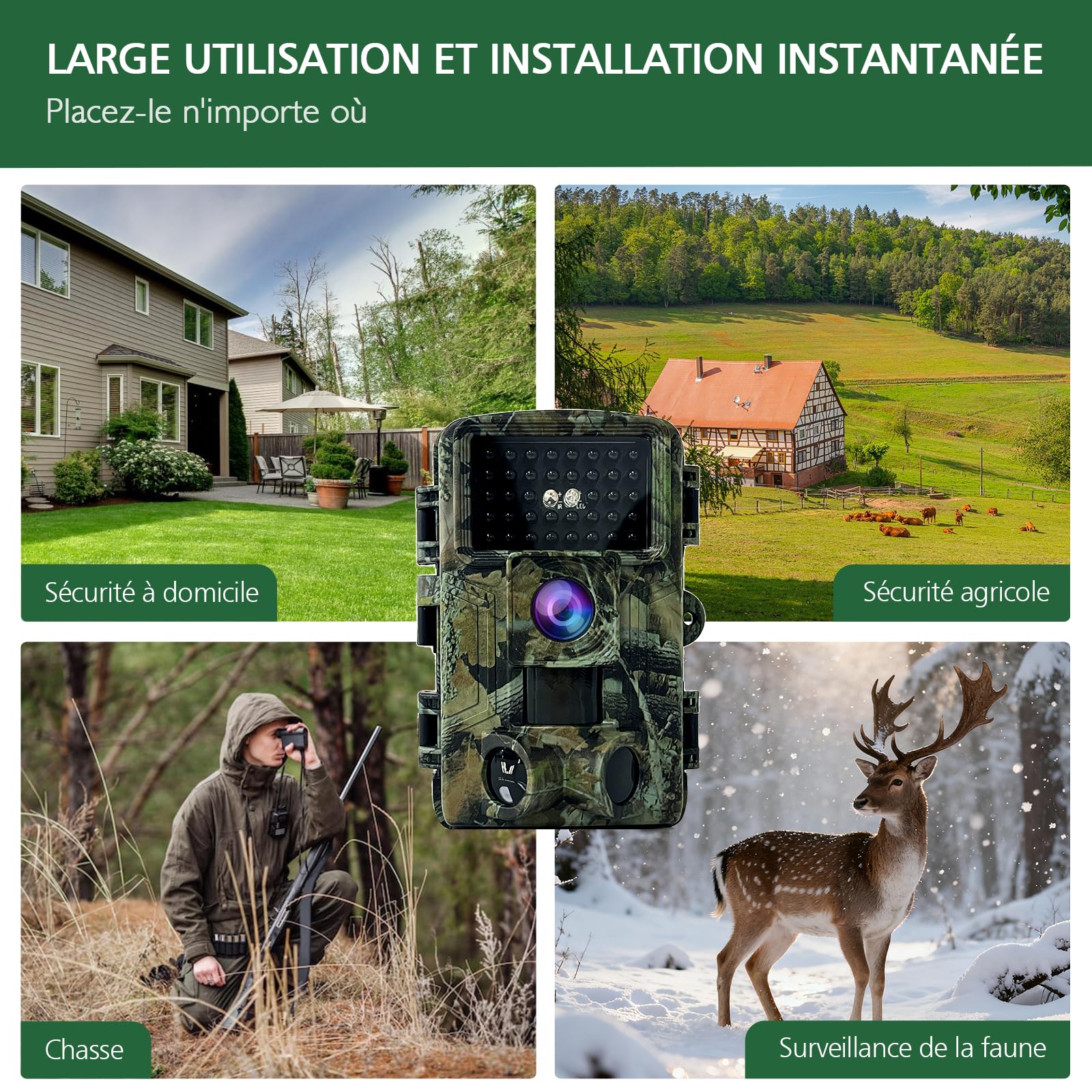 HAZA Caméra de Chasse,2,7K Caméra Chasse 58MP Vision Nocturne détecteur de Mouvement,No Glow Invisible Moniteur d'observation avec Carte SD 32 Go,Temps de Déclenchement 0,1 s (Vert)
