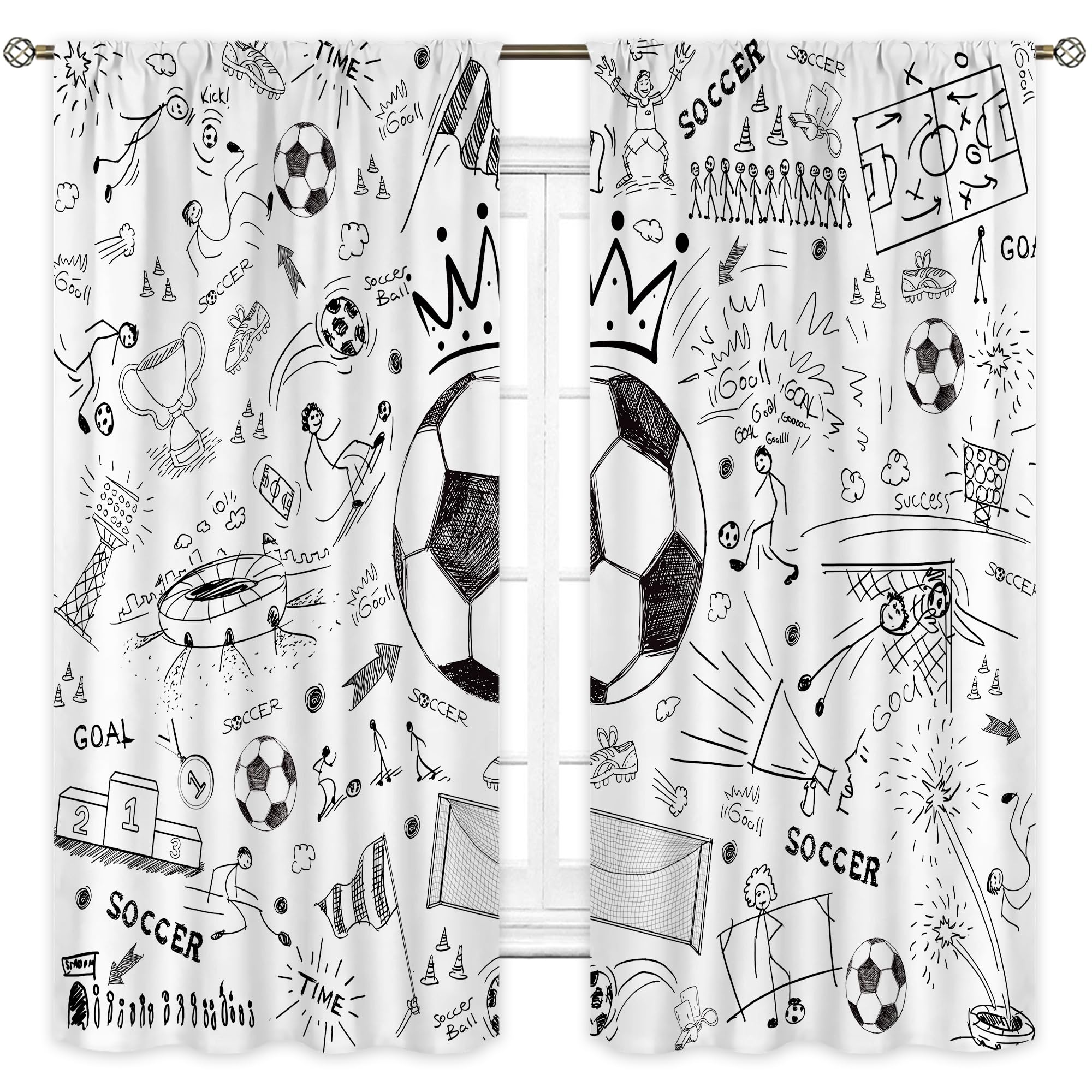 Cinbloo Soccer Sport Boys Curtains 42Wx63H Inch Rod Pocket Football Black White Graffiti Funny Sketch Unique Cool Art Printed for Kids Teens Living Room Bedroom Window Drapes Treatment Fabric 2 Panels