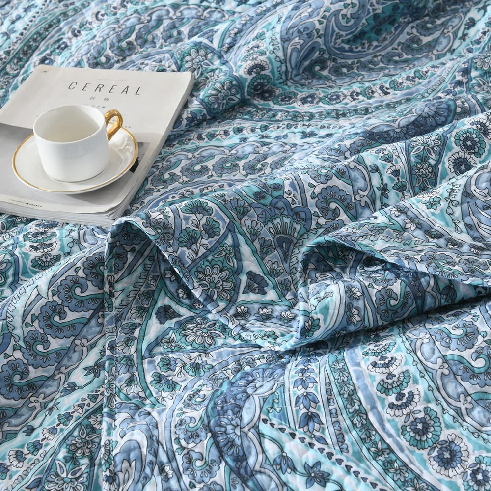 ENASAL Tagesdecke Bettdecke aus Baumwolle 220x240cm, Bettüberwurf 230x250cm für Doppelbett mit Blauen Paisley Blumen, Ganzjahresdecke Gesteppte Decke Steppdecke mit 2 Kissenbezug