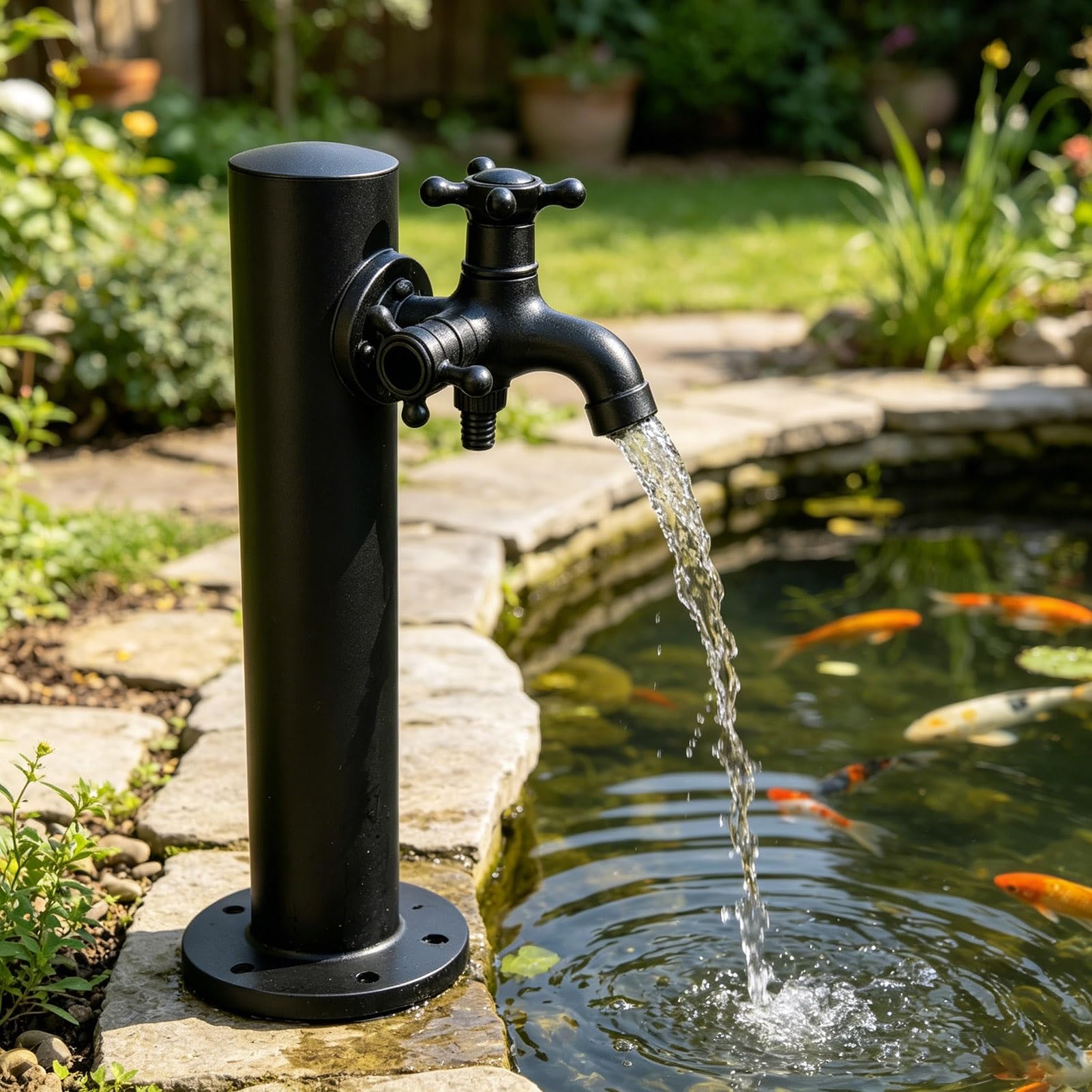 Gaommini Round B Vertical Square Garden Water Column, Outdoor Faucet Water Tap Double Outlet Spigot, Decorative Water Fountain Yard Hydrant Hose Stand(,Height: 95Cm/37.4In)