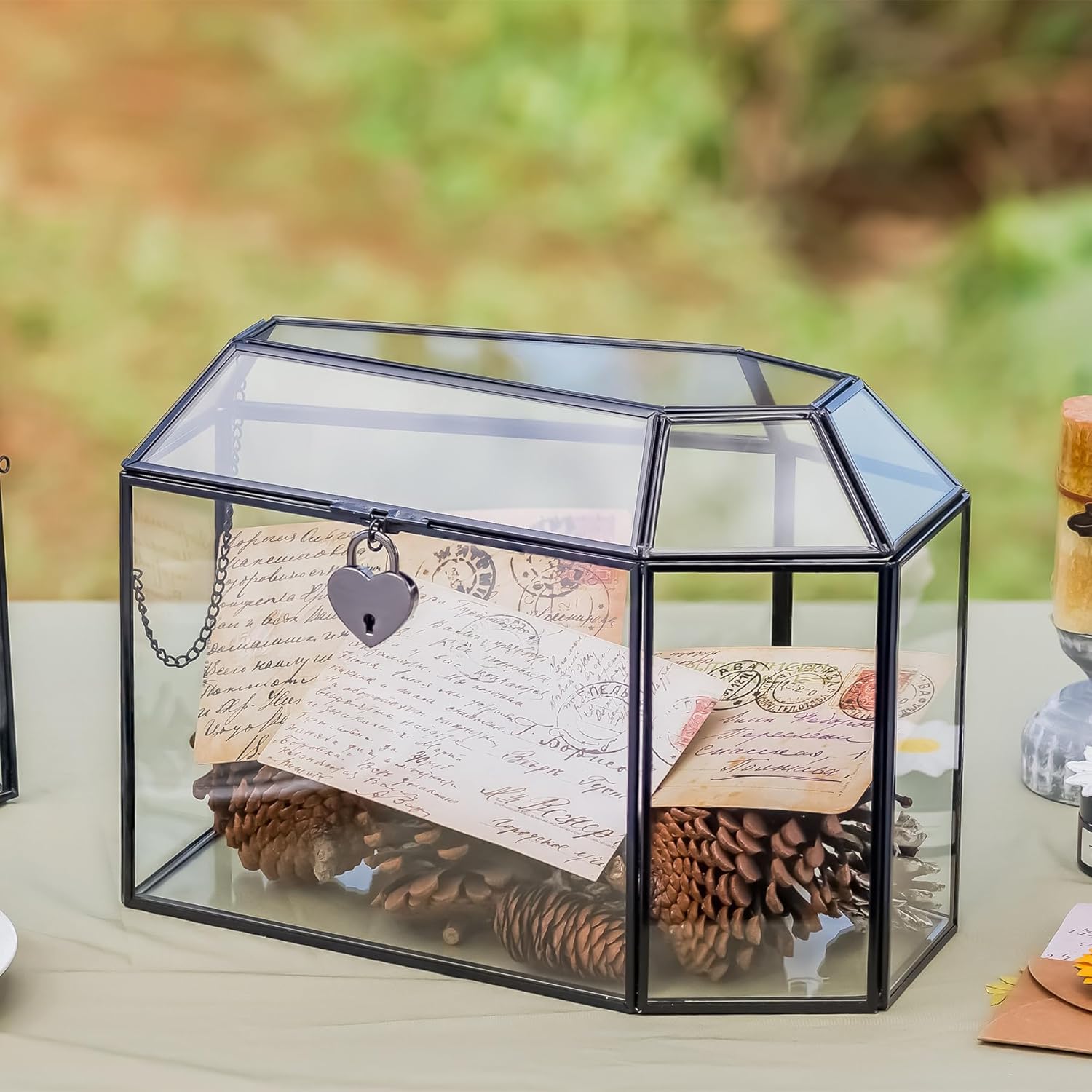 NCYP Gothic Glass Box with Swing Lid and Lock, Geometric Keepsake Card Display Organizer for Wedding Party - Halloween Decoration, Black Coffin-Shaped Terrarium, 10.4" x 5.7" x 7.5" (Glass Box Only)