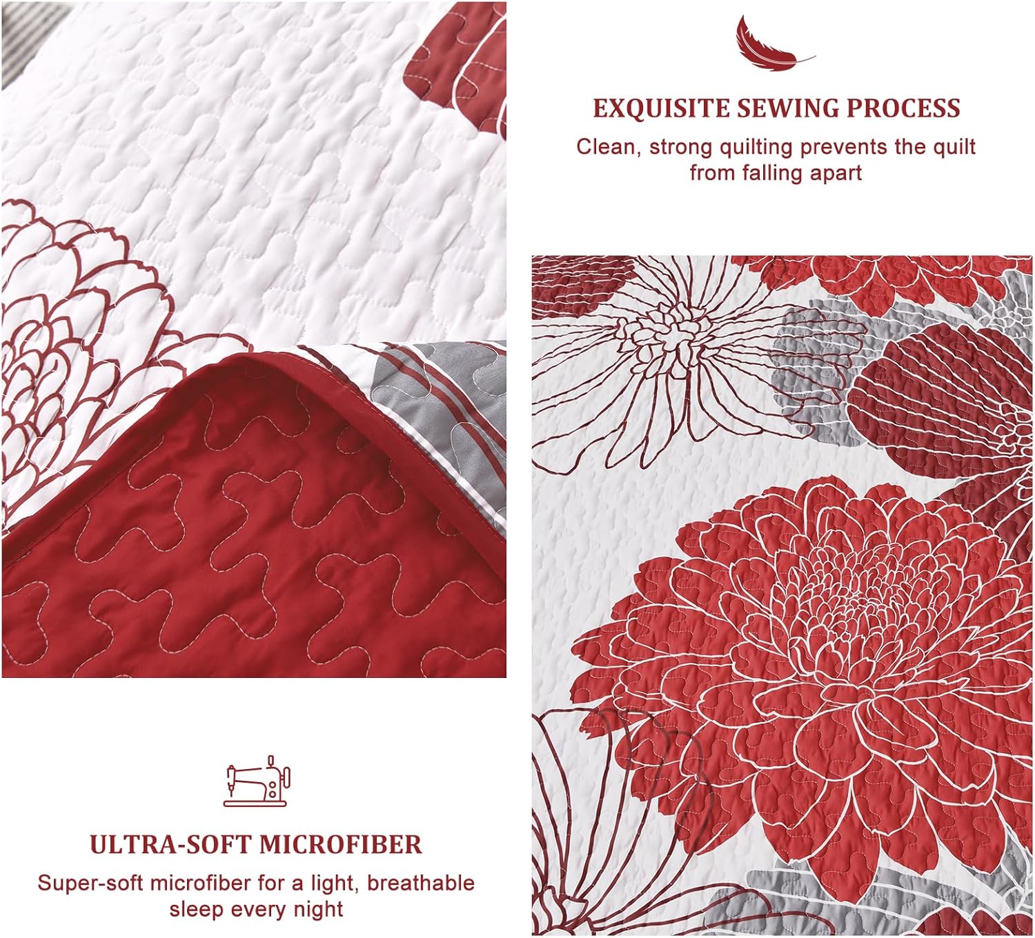 Queen Quilt Sets Red Floral Pattern Quilt Bedding Set, 3 Pieces Botanical Quilt Soft Microfiber Bedspread Coverlet Set, Boho Bed Cover Bedding Set for All Season(96" x 90)
