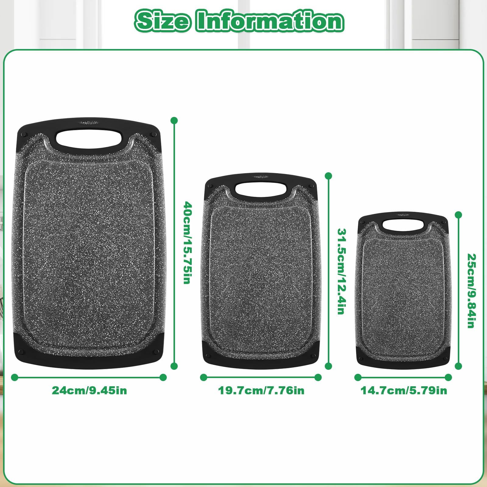 3 Piezas Tabla Cortar con Ranura Jugos, Tablas Corte para Lavavajillas, Tabla Cortar Antideslizante Plástico, Cutting Board Fáciles Limpiar, Accesorios Cocina para Verduras, Carne, Frutas (Negro)
