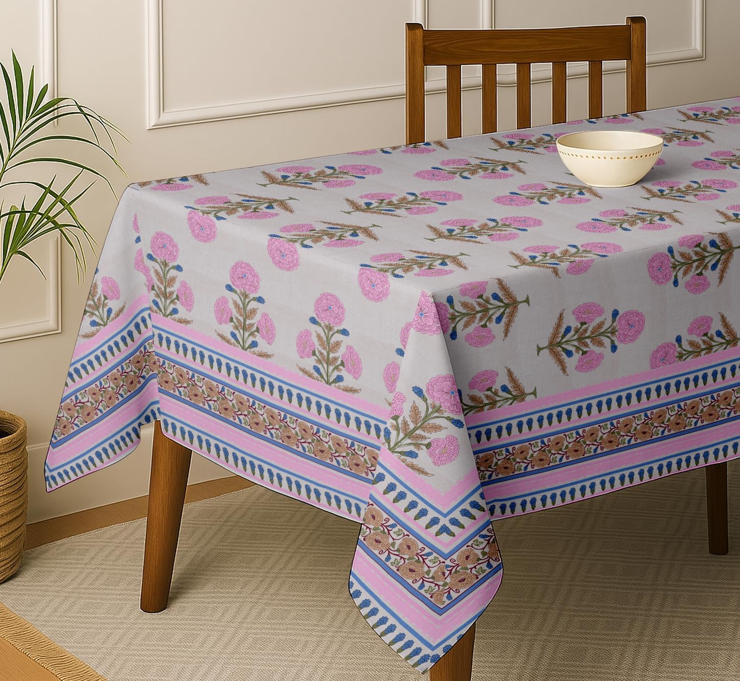 Floral Design Tablecloth- Pink 60x60 Inch Cotton Twill Dining Table Cover, Perfect for 4 Seater Tables, Durable, Protective & Washable, Ideal for Everyday Use, Festive Occasions & Gatherings