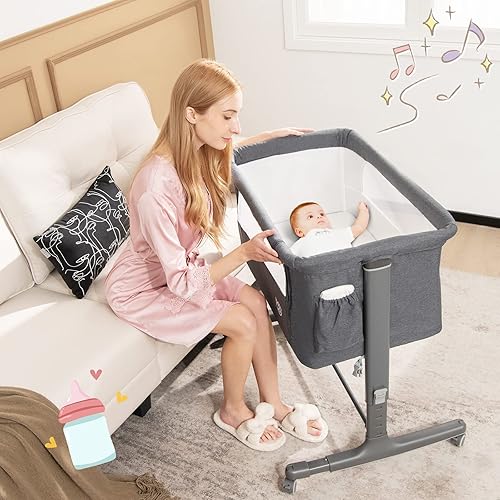 Miniatura 8 de BABY JOY Moisés de noche de moisés cuna plegable 3 en 1 con altura ajustable colchón ruedas con bloqueo bolsillo de almacenamiento y bolsa de