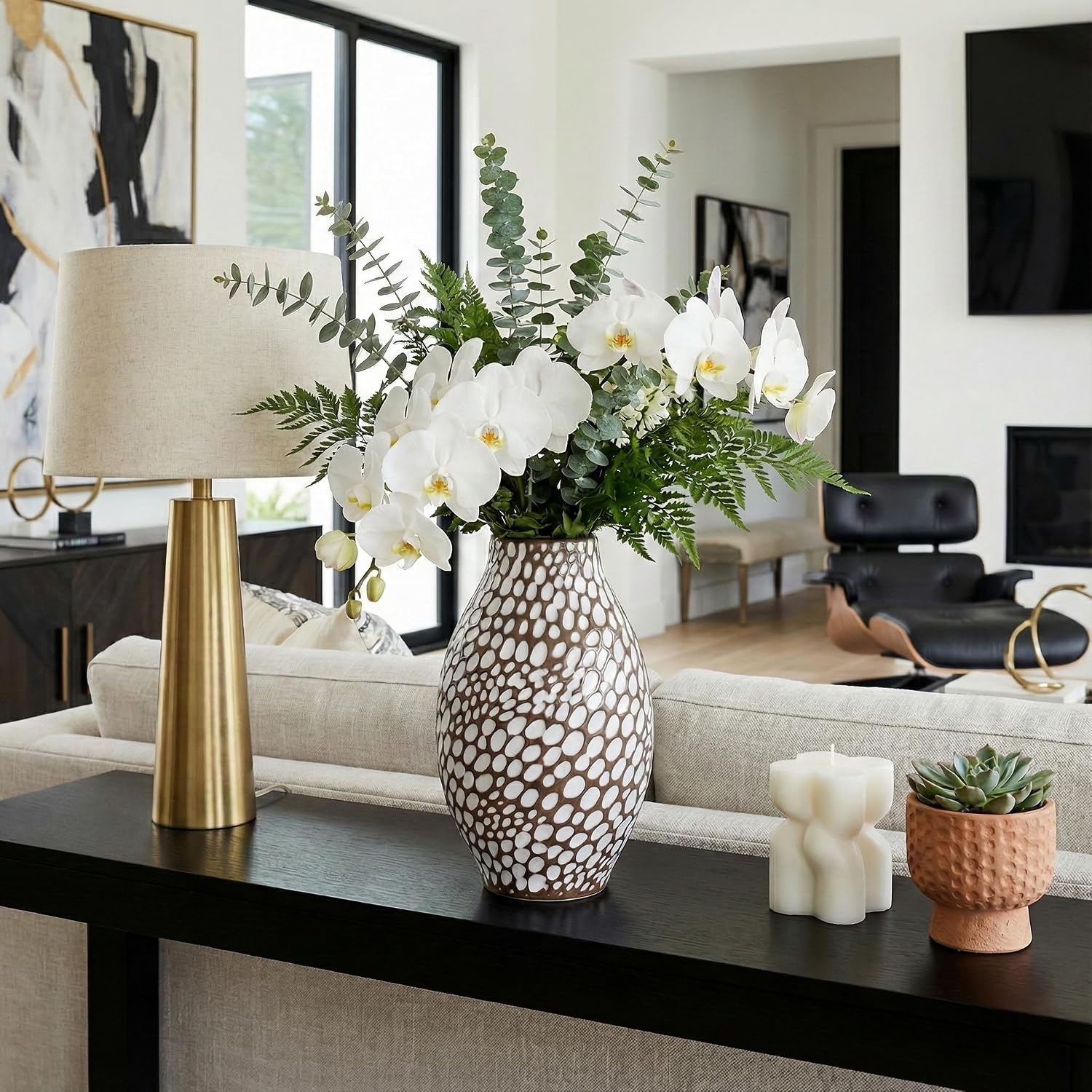Modern Patterned Ceramic Vase for Living Room Decor - Sculptural Home Accent with Dot Texture in Any Room - Chic Flower Vase for Bedroom, House, Office, and Table Placement - 10", Brown & White