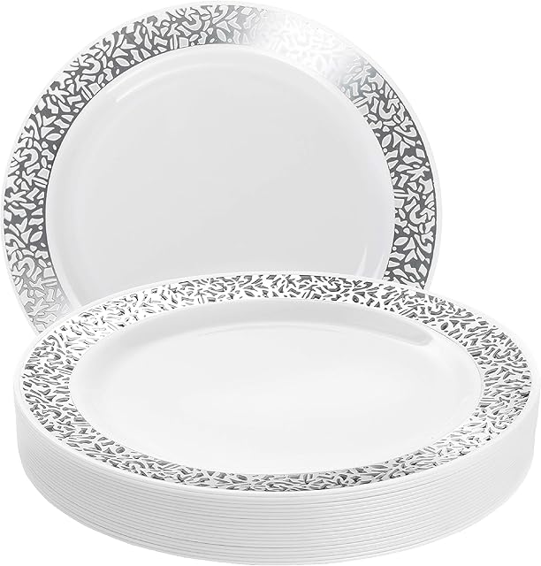 MATANA - 20 Premium Multi-use Plastic Dinner Plate Set with Silver Lace Detail Rim, 26cm Dinner Party Plates